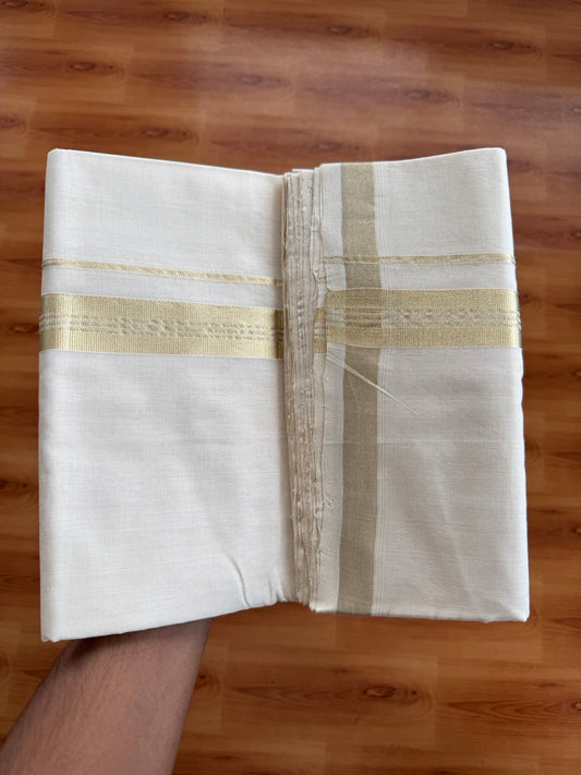 Off White (Unbleached) Double Mundu/Dhoti - 25% Discount!! KaithariKada Handloom Unakkupaav - Kerala Handloom - 100% Pure Cotton - 80x90 - 1.25 inch Antique Light Gold Kasav Kara 4 Meters (8.5 Muzham) - 29 KK5507 RAM