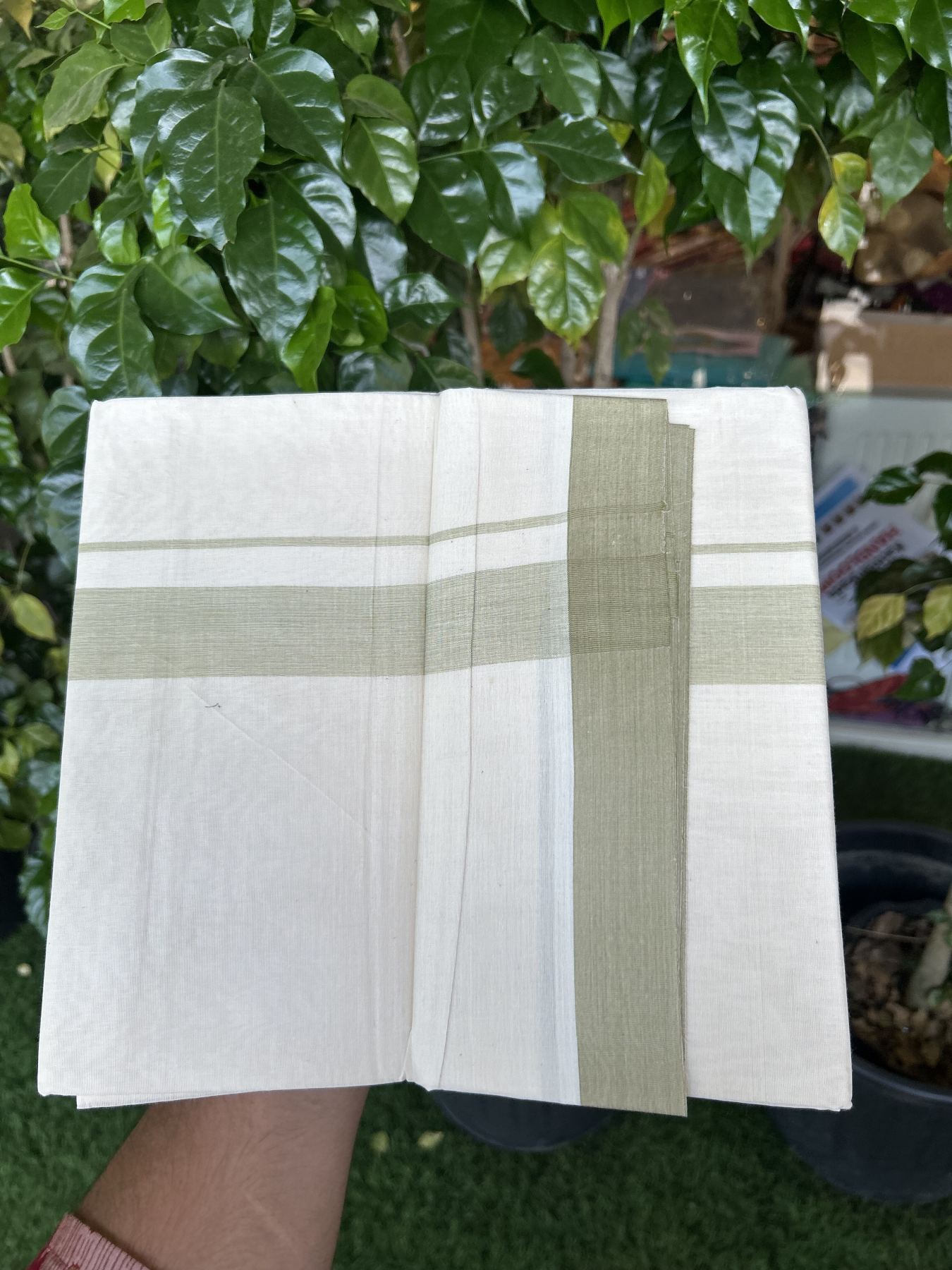 20% Discount ! KaithariKada Balaramapuram 100% Cotton Double Off White (Unbleached) - Mundu / Dhoti- 100x80 - 1.5 inch Pear Green Stripes Kara 4 mtr (8.5 Muzham) - 57 KK5340 VIN