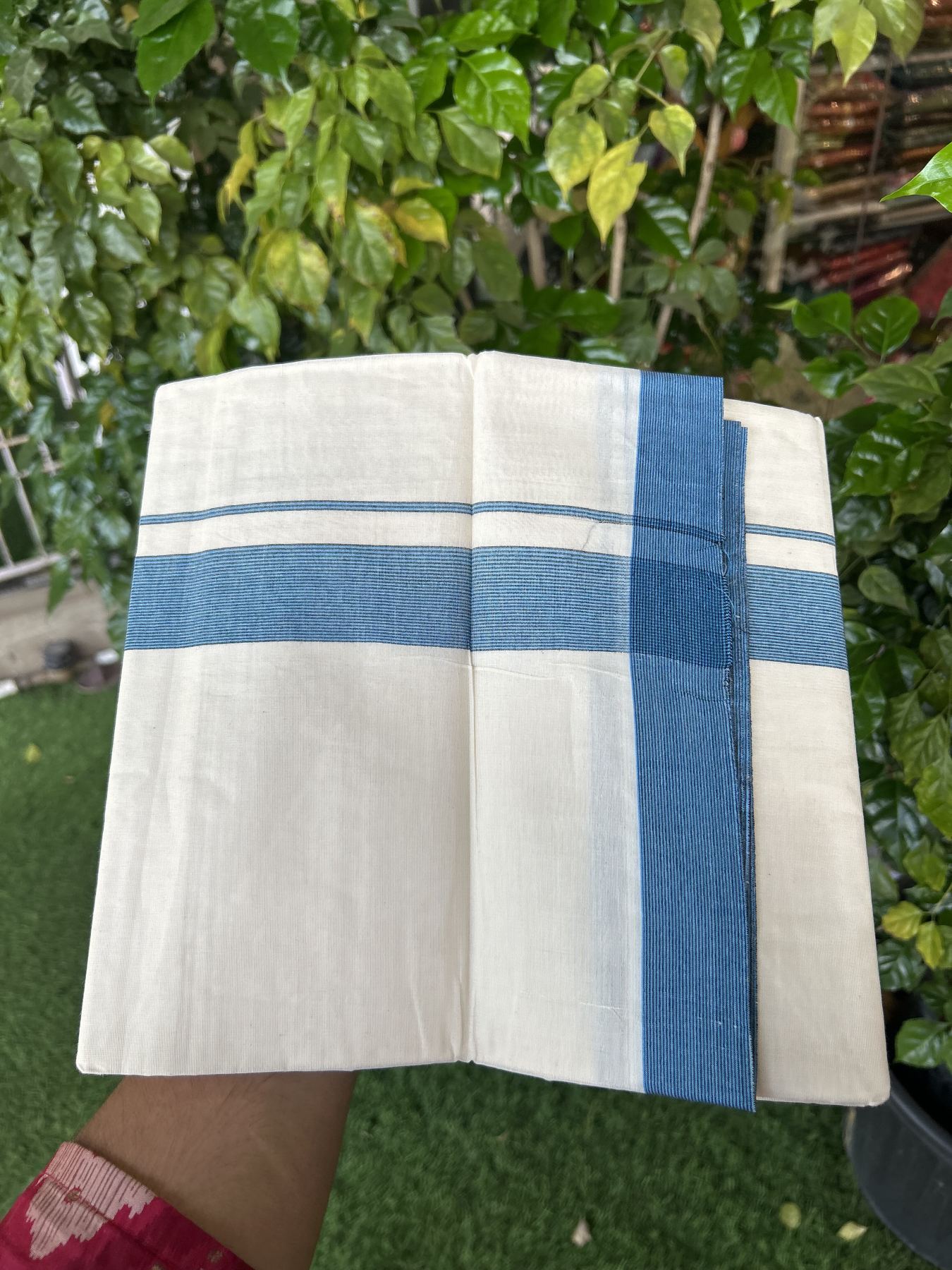 20% Discount ! KaithariKada Balaramapuram 100% Cotton Double Off White (Unbleached) - Mundu / Dhoti- 100x80 -  1.5 inch Black & Teal Blue Stripes Kara 4 mtr (8.5 Muzham) - 53 KK5340 VIN