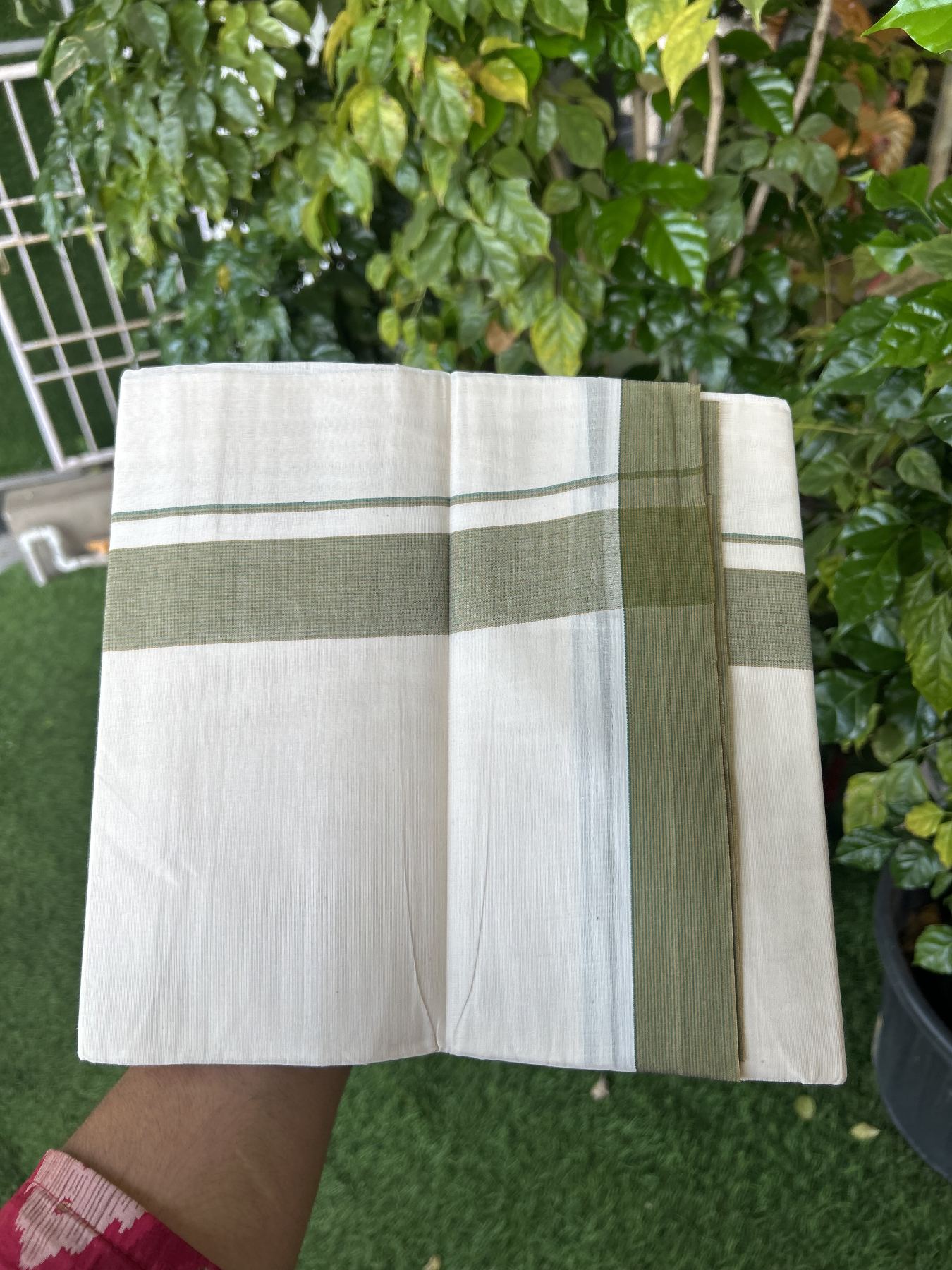 20% Discount ! KaithariKada Balaramapuram 100% Cotton Double Off White (Unbleached) - Mundu / Dhoti- 100x80 -  1.5 inch Green & Mustard yellow Stripes Kara 4 mtr (8.5 Muzham) - 54 KK5340 VIN