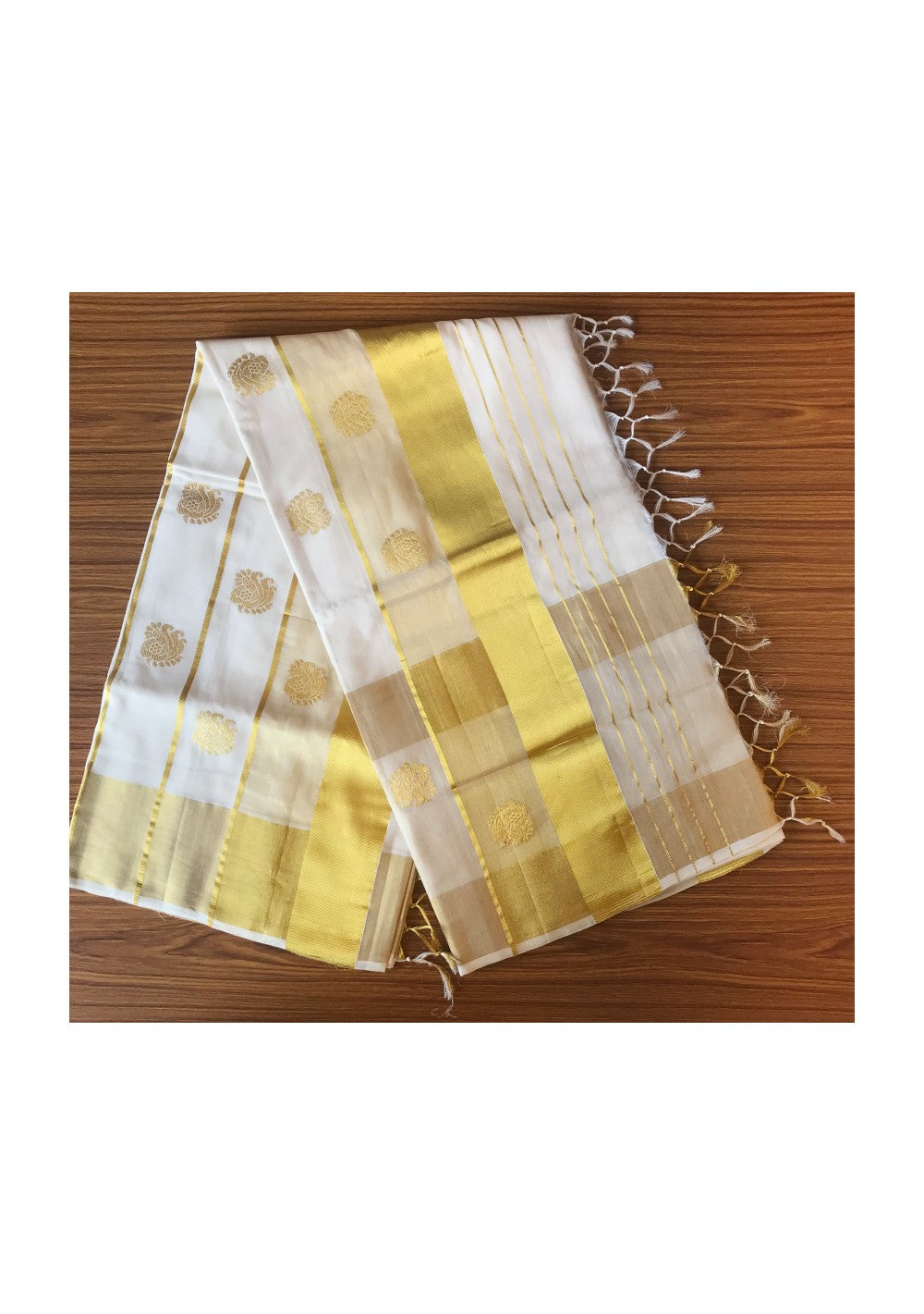 KaithariKada HANDLOOM MILPAAV Balaramapuram Kerala Saree for Women- 100% PURE  COTTON - 12 Inch Gold KASAVU MANGO PATTERN DESIGN KUNJALAM Kara - 16.