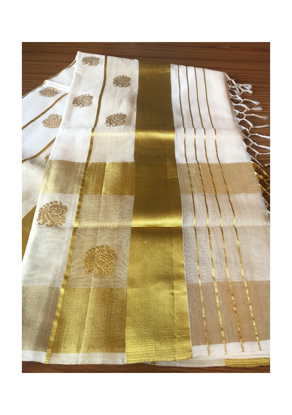 KaithariKada HANDLOOM MILPAAV Balaramapuram Kerala Saree for Women- 100% PURE  COTTON - 12 Inch Gold KASAVU MANGO PATTERN DESIGN KUNJALAM Kara - 16.
