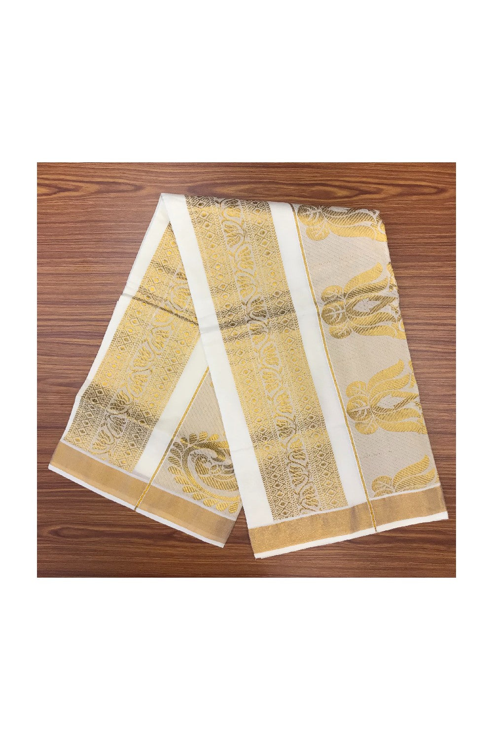 20% Discount!!! Kaitharikada Kerala Saree - Cotton Kasavu Saree Heavy  work 24 Inch  Pallu - Flower  Pattern Pallu.-20..