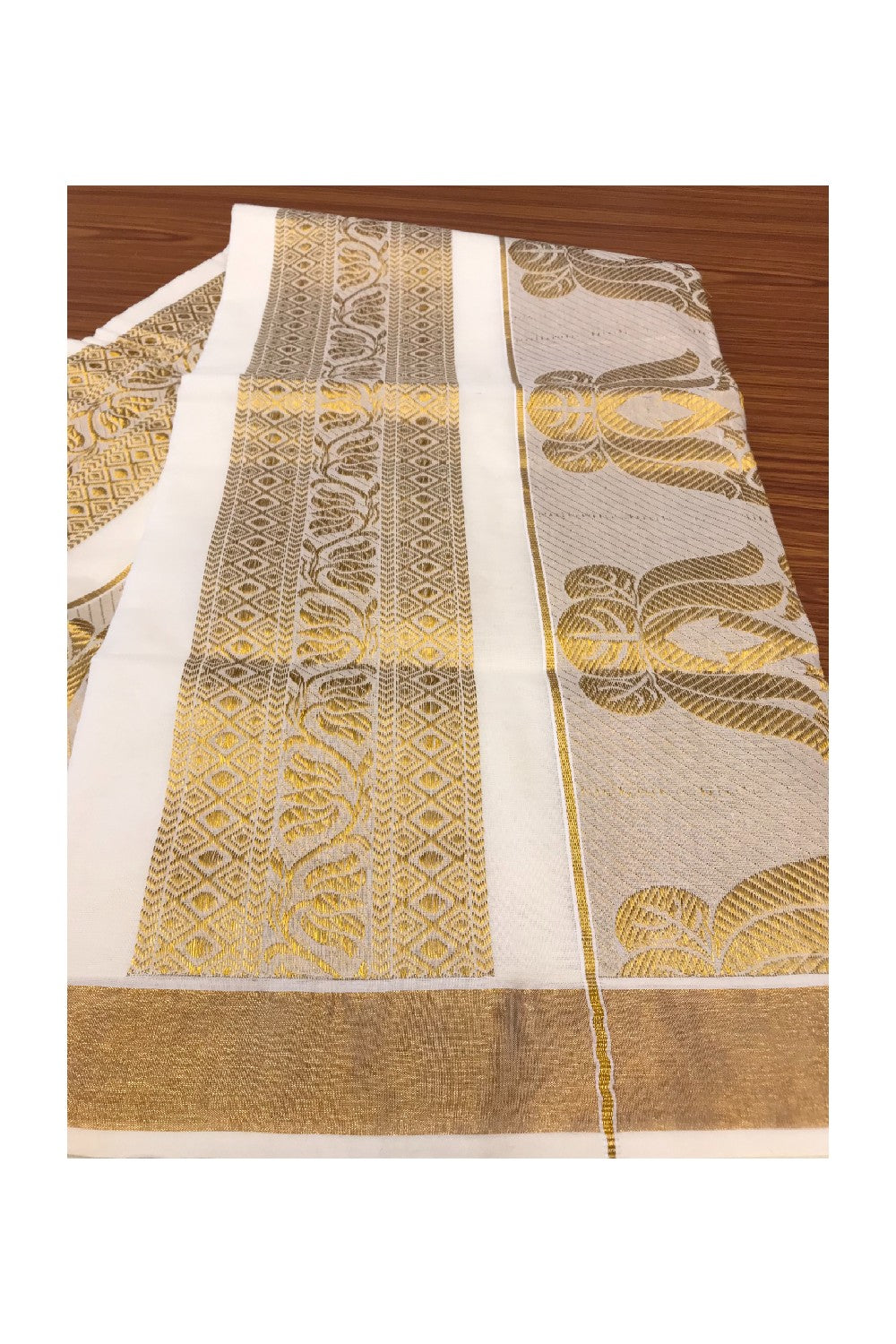 20% Discount!!! Kaitharikada Kerala Saree - Cotton Kasavu Saree Heavy  work 24 Inch  Pallu - Flower  Pattern Pallu.-20..