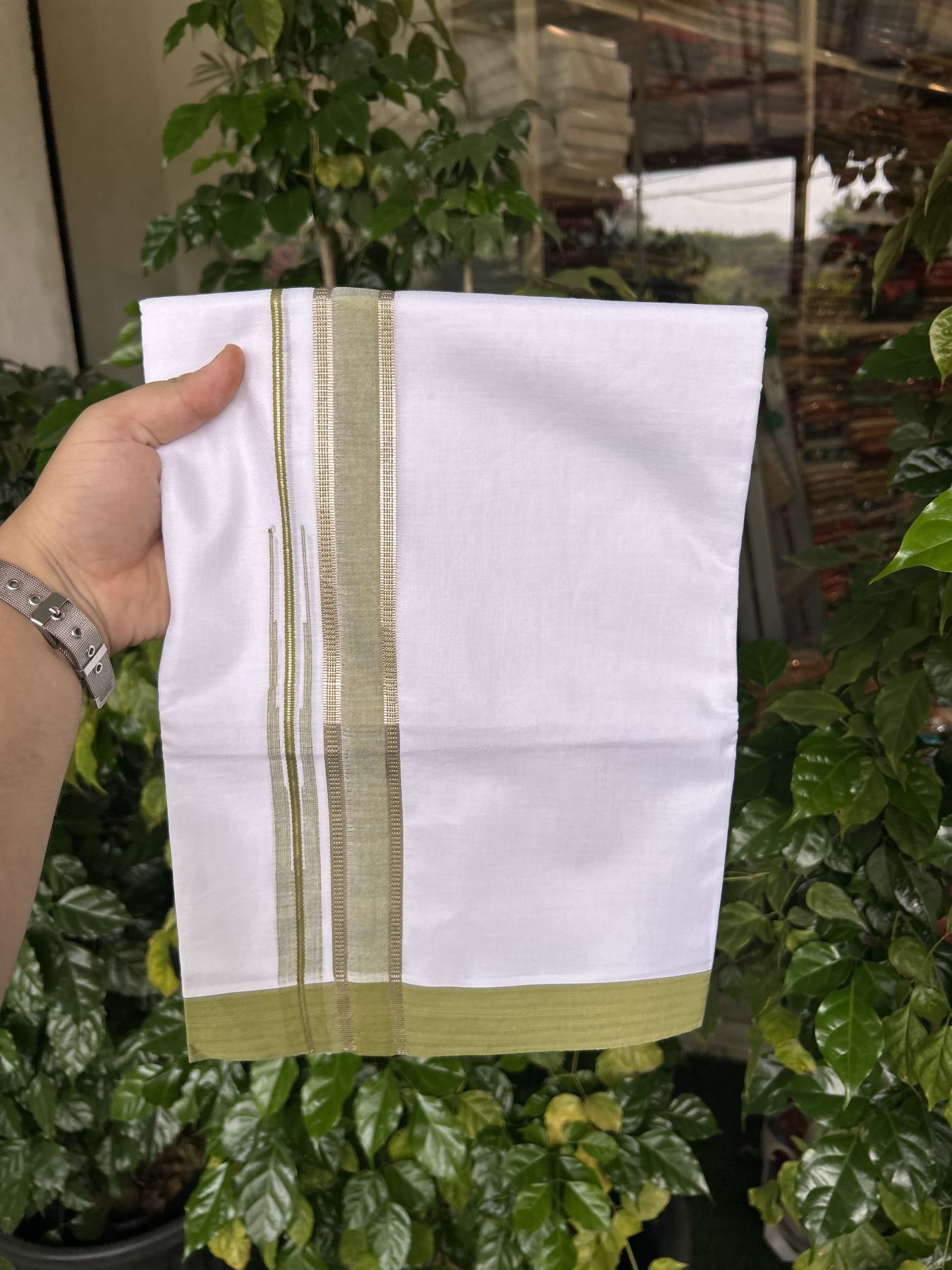 20% Discount! KaithariKada Balaramapuram 100% Cotton Double Pure white Mundu/Dhoti- 100X80 - 1.25 inch Puliyilakkara Silver Kasav & Mustard Green Chutty Kara - 4 mtr ( 8.5 muzham) - 60 KK5341 VIN
