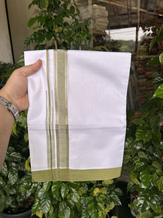 20% Discount! KaithariKada Balaramapuram 100% Cotton Double Pure white Mundu/Dhoti- 100X80 - 1.25 inch Puliyilakkara Silver Kasav & Mustard Green Chutty Kara - 4 mtr ( 8.5 muzham) - 60 KK5341 VIN
