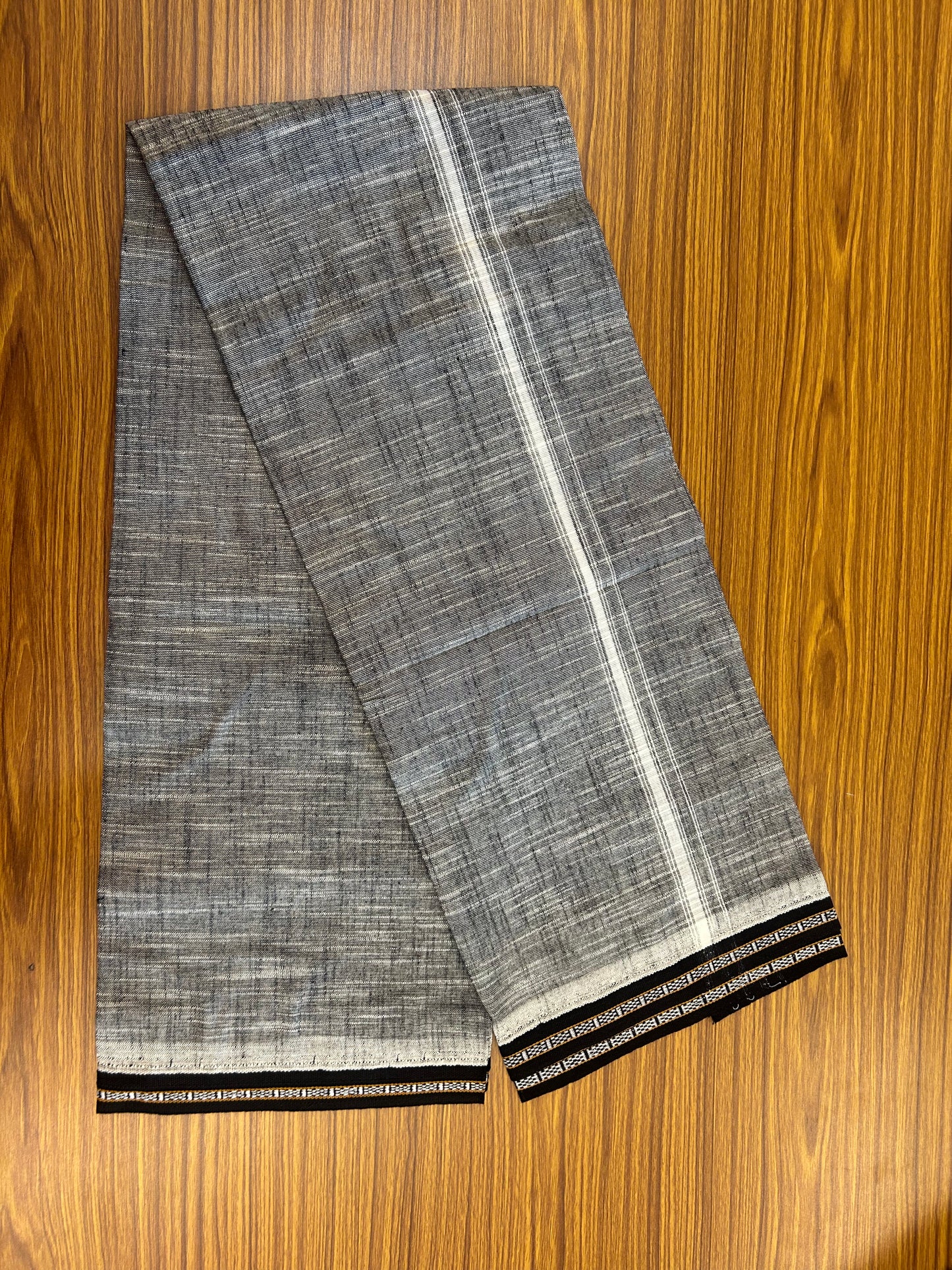 Premium Kathar Type Mund Pure cotton - Kaitharikada - Single Kaily / Lungi - 0.5 inch White Kara and Black kuppadam Border with Ash Black White Shaded colour body  (2 meter / 4 muzham)- 51 KK8050 MUT