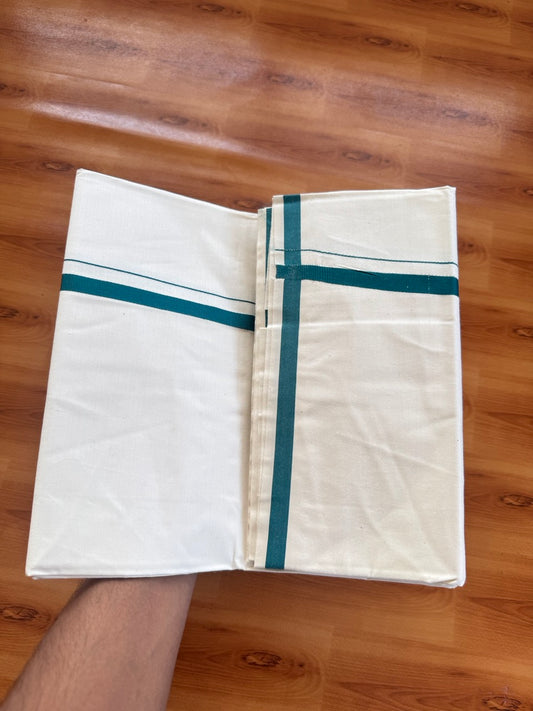 Single Off white 100% Pure Cotton Mundu/Dhoti (Unbleached) - KaithariKada (40s) - 1 cm Peacock Green Kara (2 meter / 4 muzham) - 1 KK5472 MC
