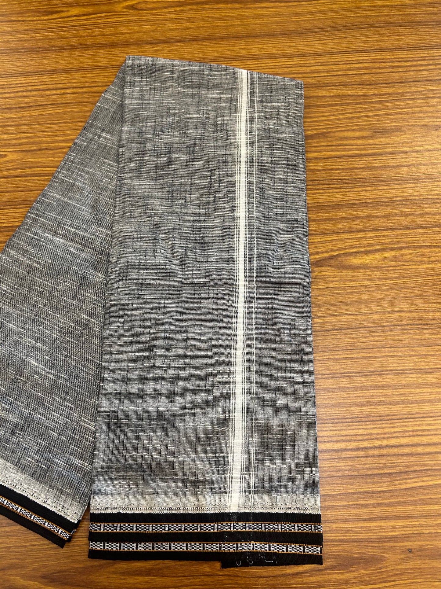 Premium Kathar Type Mund Pure cotton - Kaitharikada - Single Kaily / Lungi - 0.5 inch White Kara and Black kuppadam Border with Ash Black White Shaded colour body  (2 meter / 4 muzham)- 51 KK8050 MUT