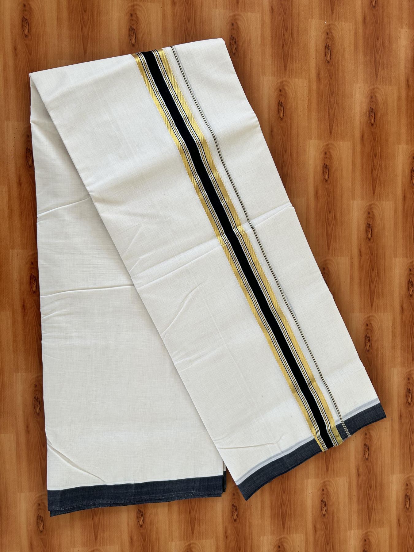 Double Off White - (Unbleached) Mundu/Dhoti - 25% Discount! KaithariKada Handloom Millpaav Kerala Handloom - Pure Cotton - (80X90) - 1.5 inch Gold & Silver Kasav Black Striped Kara 4 mtr (8.5 Muzham) - 11 KK5403 RAM