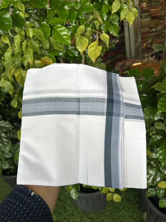 20% Discount! KaithariKada Balaramapuram 100% Cotton Double Pure white Mundu/Dhoti - 100X80 - 1.5 inch Teal Blue & Ash Blue shaded Stripes kara - 4 mtr ( 8.5 muzham) - 115 KK5341 VIN