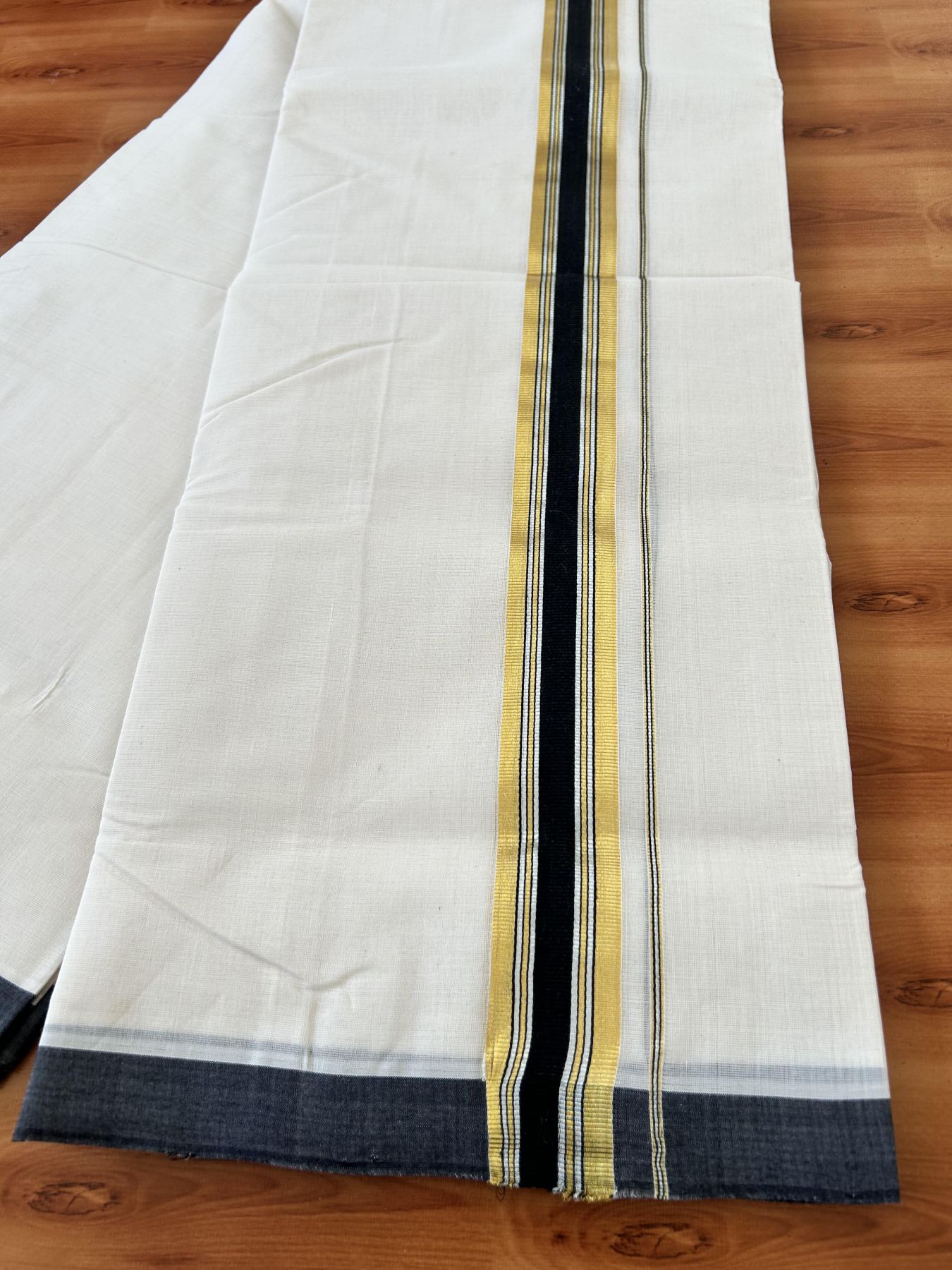 Double Off White - (Unbleached) Mundu/Dhoti - 25% Discount! KaithariKada Handloom Millpaav Kerala Handloom - Pure Cotton - (80X90) - 1.5 inch Gold & Silver Kasav Black Striped Kara 4 mtr (8.5 Muzham) - 11 KK5403 RAM