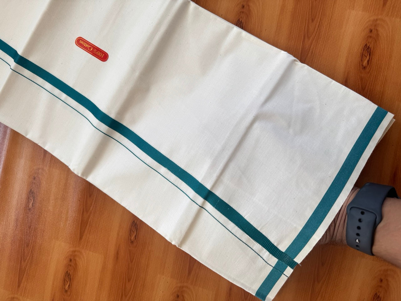 Single Off white 100% Pure Cotton Mundu/Dhoti (Unbleached) - KaithariKada (40s) - 1 cm Peacock Green Kara (2 meter / 4 muzham) - 1 KK5472 MC