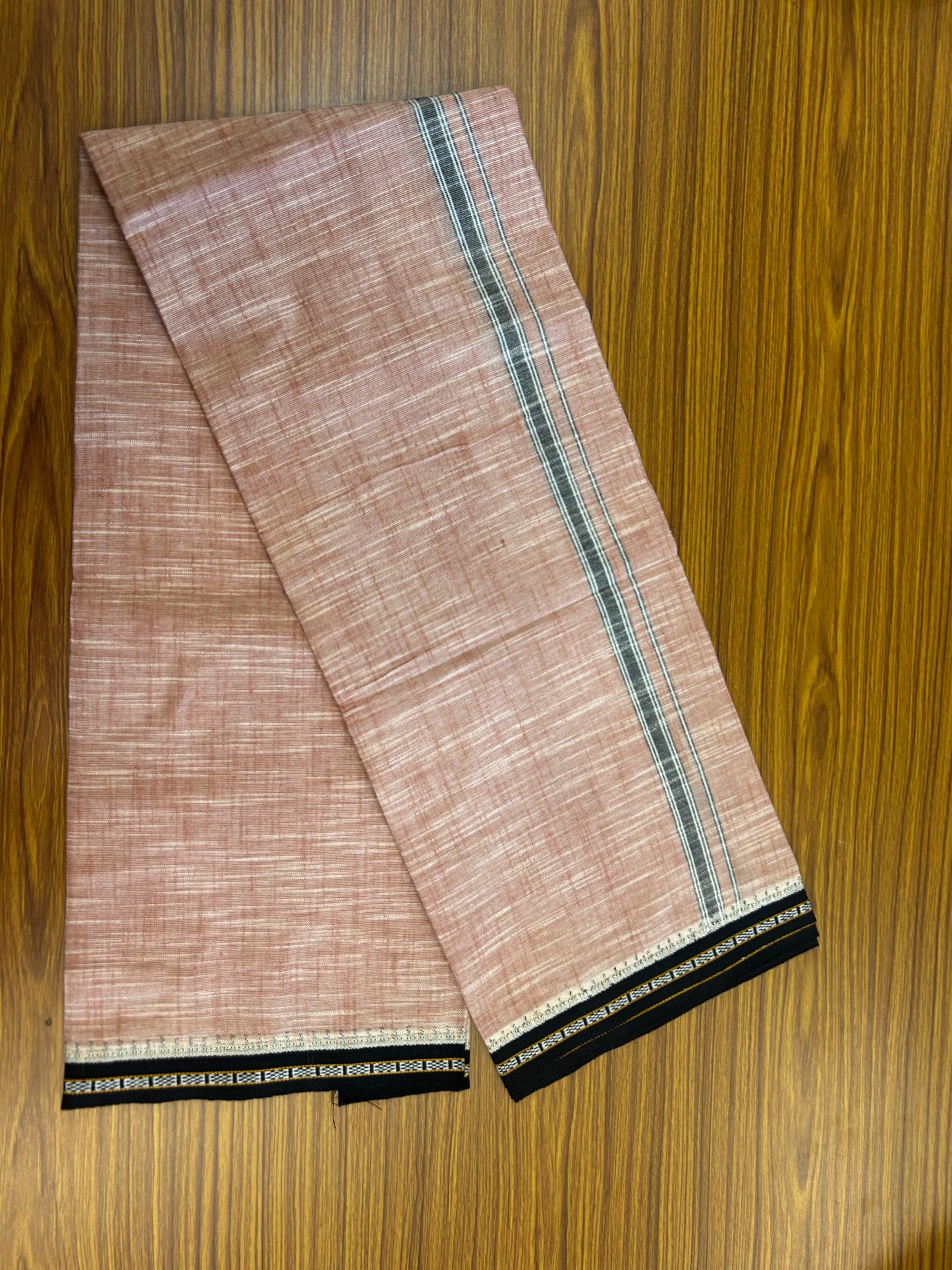 Premium Kathar Type Mund Pure cotton - Kaitharikada - Single Kaily / Lungi - 0.75 inch Black Kara and Black kuppadam Border with Peach White Shaded colour body  (2 meter / 4 muzham)-49 KK8050 MUT