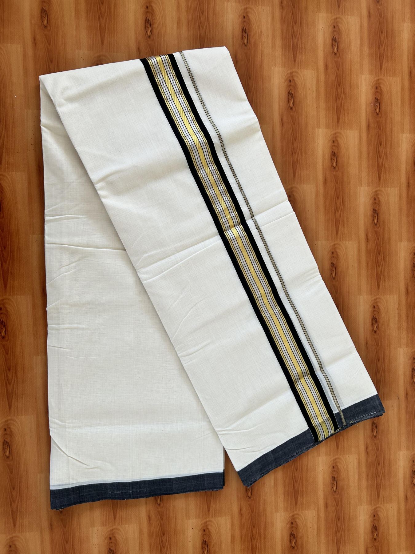 Double Off White - (Unbleached) Mundu/Dhoti - 25% Discount! KaithariKada Handloom Millpaav Kerala Handloom - Pure Cotton - (80X90) - 1.5 inch Gold & Silver Kasav Black Striped Kara 4 mtr (8.5 Muzham) - 12 KK5403 RAM