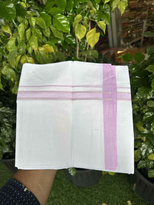 20% Discount! KaithariKada Balaramapuram 100% Cotton Double Pure white Mundu/Dhoti- 100X80 - 0.75 inch Silver Kasav & Pink kara - 4 mtr ( 8.5 muzham) - 23 KK5341 VIN
