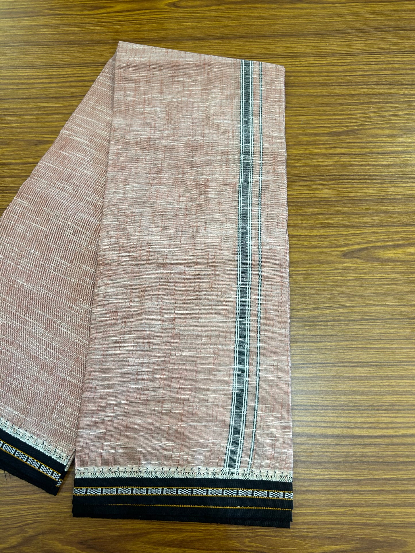 Premium Kathar Type Mund Pure cotton - Kaitharikada - Single Kaily / Lungi - 0.75 inch Black Kara and Black kuppadam Border with Peach White Shaded colour body  (2 meter / 4 muzham)-49 KK8050 MUT