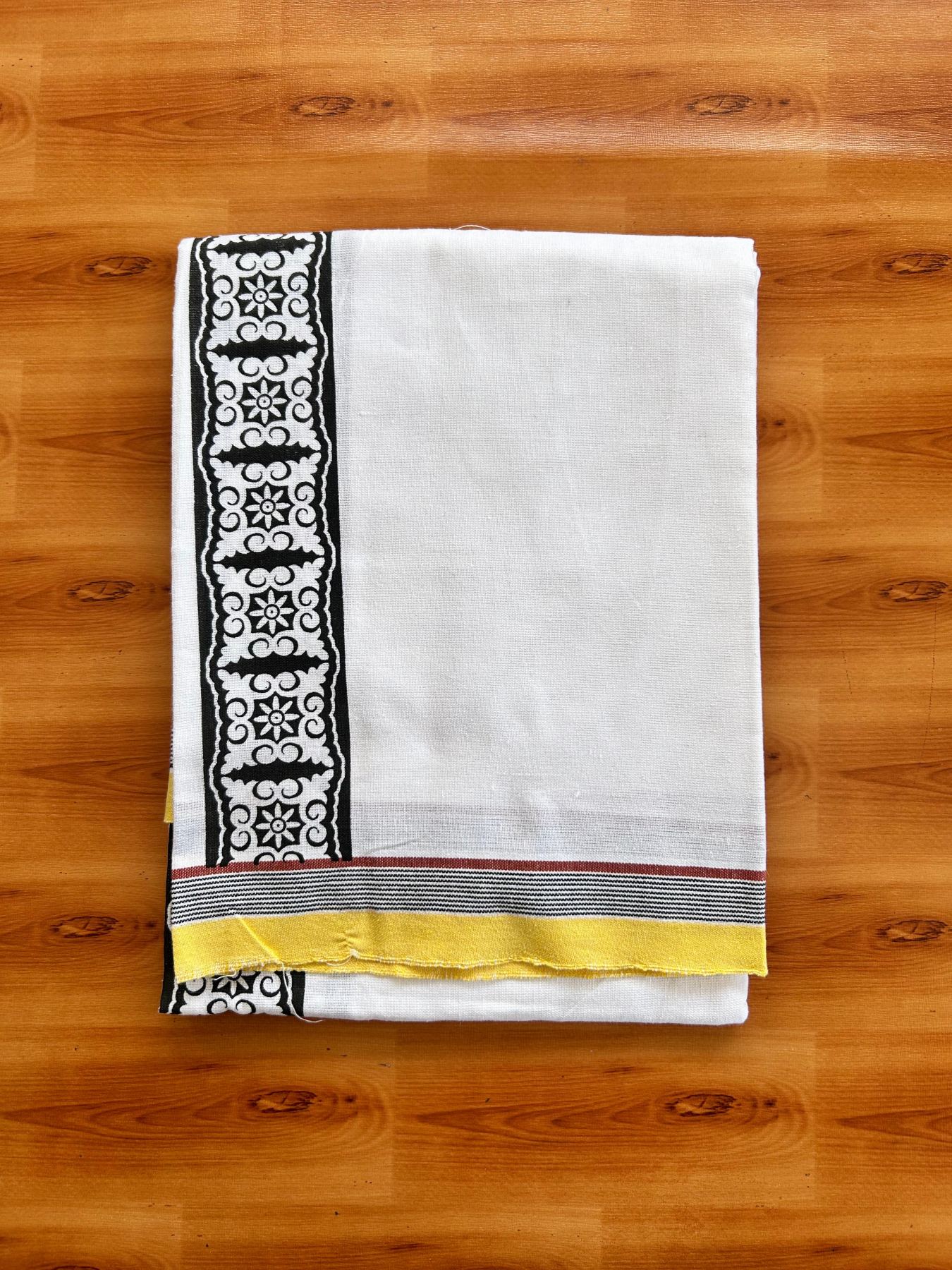 Kaitharikada - Single Kaily / Lungi - Mixed Cotton - 40s twisted - 2.5 inch Black Printed kara with White colour body (2 meter / 4 muzham) - 22 KK8074 SAT