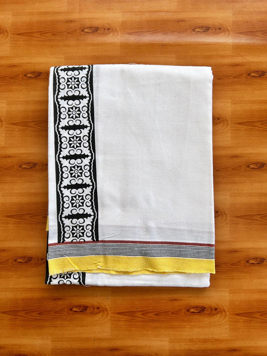 Kaitharikada - Single Kaily / Lungi - Mixed Cotton - 40s twisted - 2.5 inch Black Printed kara with White colour body (2 meter / 4 muzham) - 22 KK8074 SAT