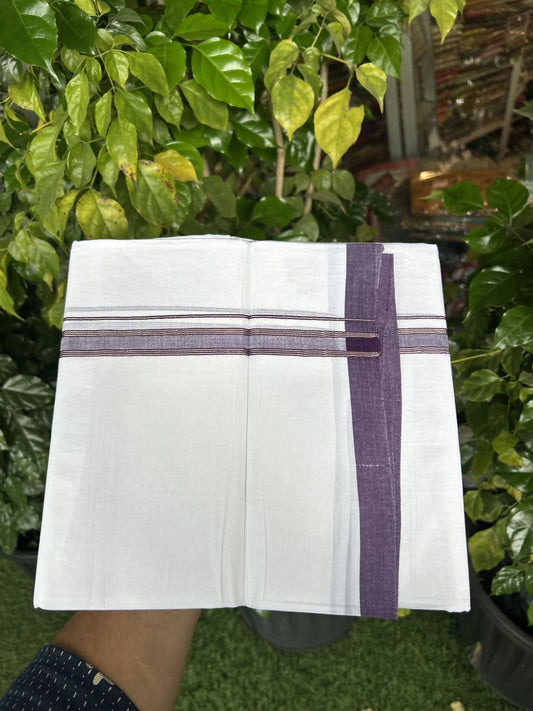 20% Discount! KaithariKada Balaramapuram 100% Cotton Double Pure white Mundu/Dhoti- 100X80 - 0.75 inch Silver Kasav & Purple Striped kara - 4 mtr ( 8.5 muzham) - 16 KK5341 VIN