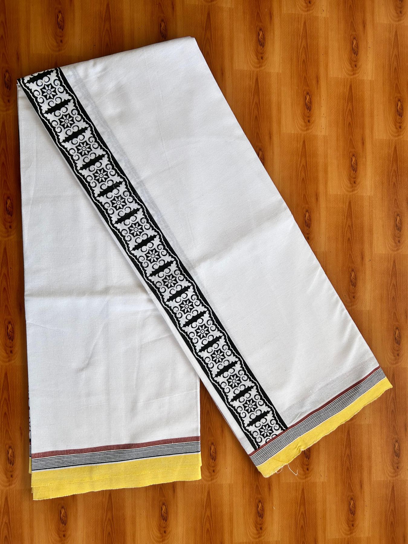 Kaitharikada - Single Kaily / Lungi - Mixed Cotton - 40s twisted - 2.5 inch Black Printed kara with White colour body (2 meter / 4 muzham) - 22 KK8074 SAT