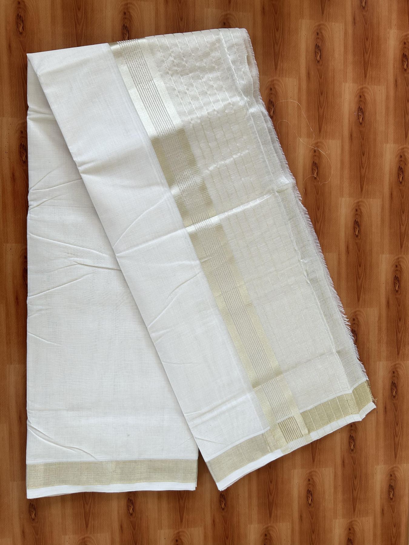 Double Off White - (Unbleached) Mundu/Dhoti - 25% Discount! KaithariKada Handloom Millpaav Kerala Handloom - Pure Cotton - (80X90) - 7 inch Light Gold Kasav Half Tissue Striped Kara 4 mtr (8.5 Muzham) - 1 KK5403 RAM