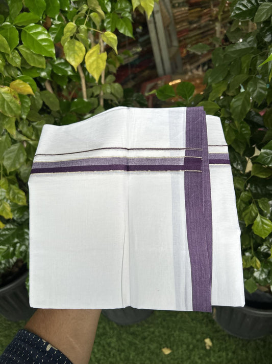 20% Discount! KaithariKada Balaramapuram 100% Cotton Double Pure white Mundu/Dhoti- 100X80 - 0.75 inch Silver Kasav & Purple Kara - 4 mtr ( 8.5 muzham) - 25 KK5341 VIN