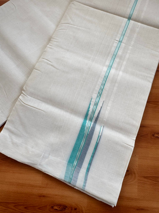 25% Discount! KaithariKada Handloom Unakkupaav Kerala Handloom 100% Pure Cotton Off White - (Unbleached) Double Mundu/Dothi - 100X80 - 0.75 inch Puliyilakkara Silver Kasav Light Sea Green & Grey Double chutty Kara 4 meter (8.5 Muzham) - 3 KK5473 REA