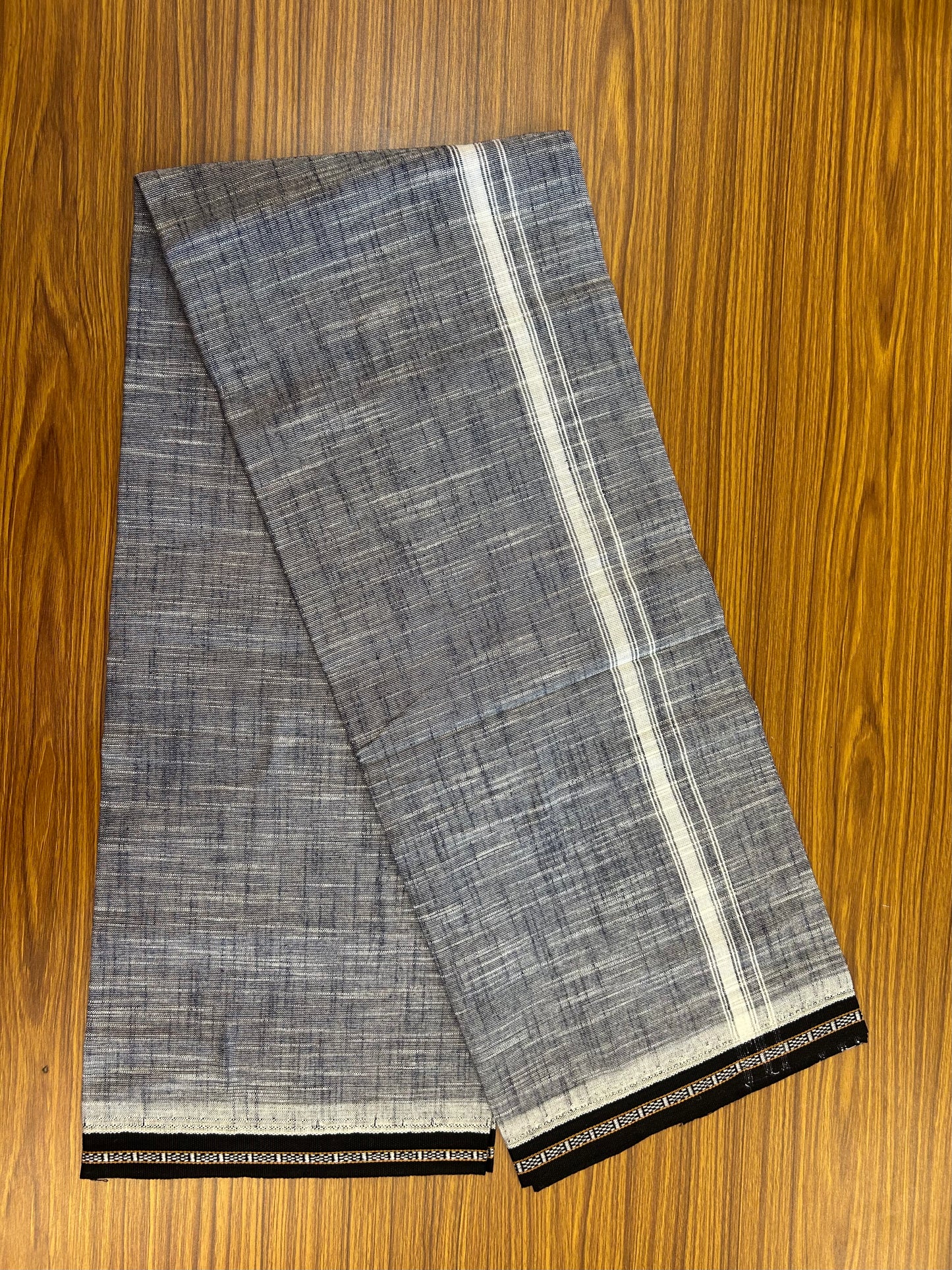 Premium Kathar Type Mund Pure cotton - Kaitharikada - Single Kaily / Lungi - 2 inch White Kara and Black kuppadam Border with Navy Blue White Shaded colour body  (2 meter / 4 muzham)- 52 KK8050 MUT