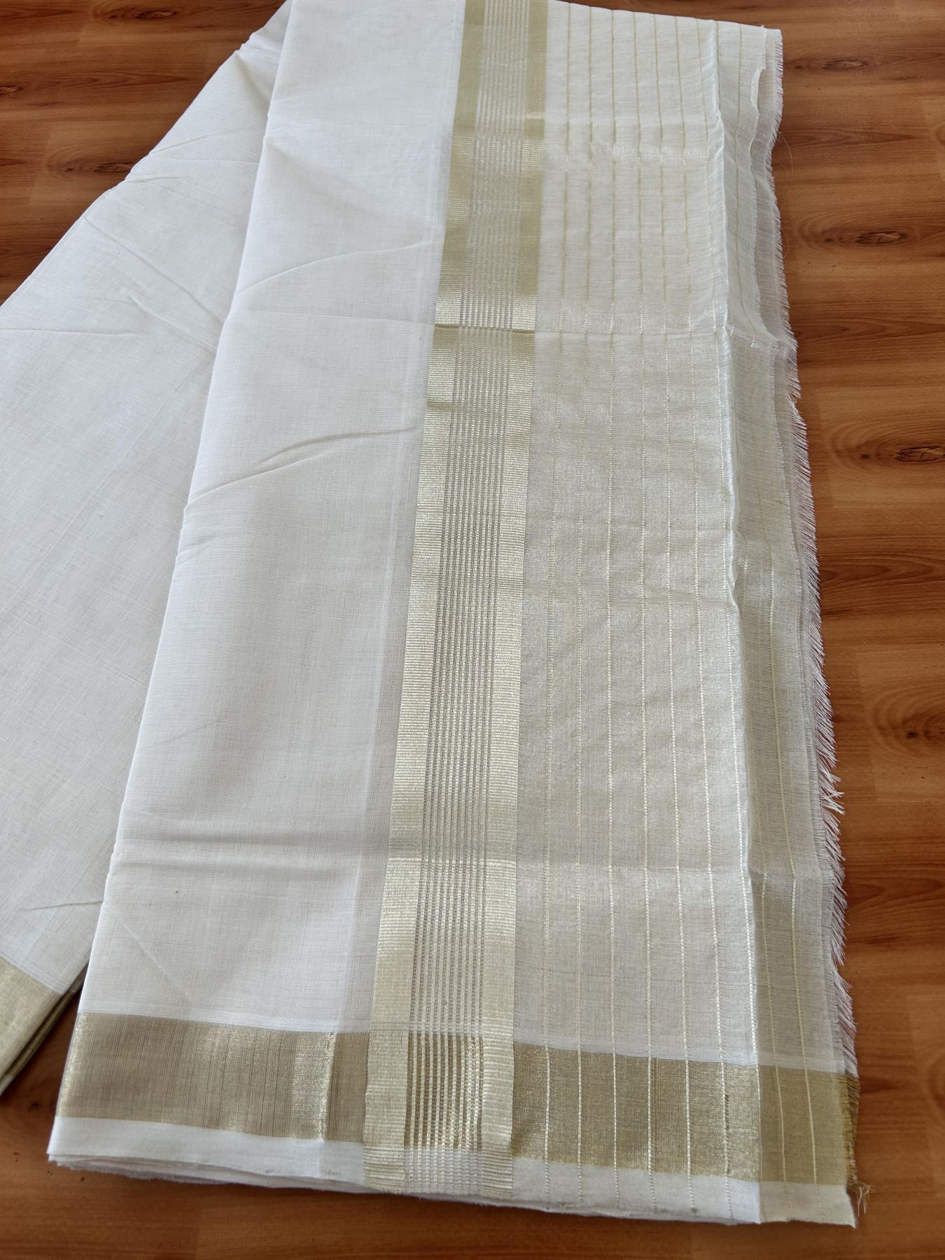 Double Off White - (Unbleached) Mundu/Dhoti - 25% Discount! KaithariKada Handloom Millpaav Kerala Handloom - Pure Cotton - (80X90) - 7 inch Light Gold Kasav Half Tissue Striped Kara 4 mtr (8.5 Muzham) - 1 KK5403 RAM