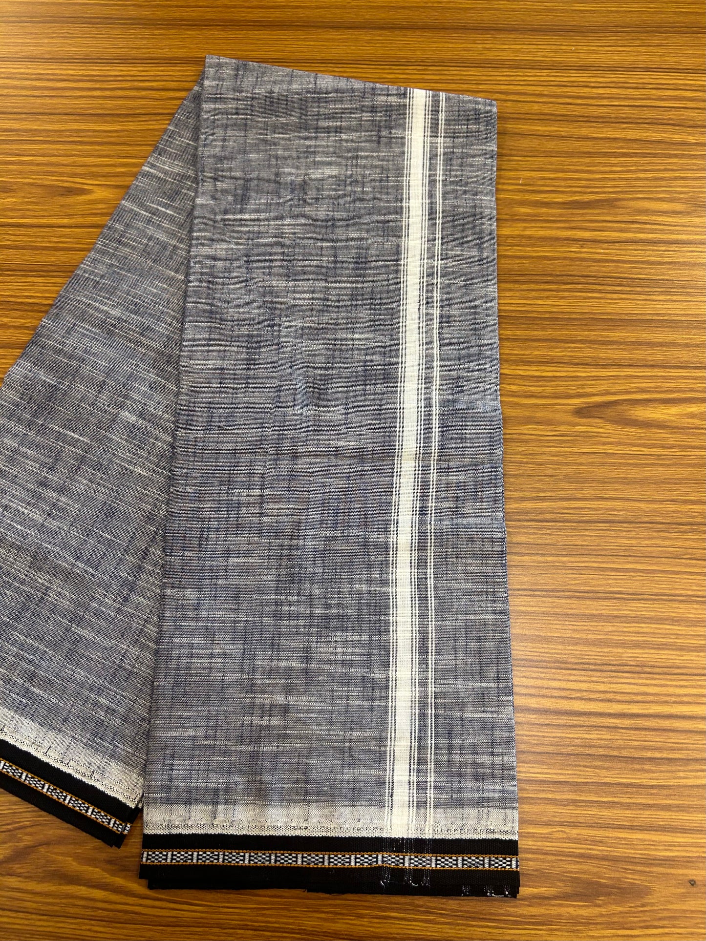 Premium Kathar Type Mund Pure cotton - Kaitharikada - Single Kaily / Lungi - 2 inch White Kara and Black kuppadam Border with Navy Blue White Shaded colour body  (2 meter / 4 muzham)- 52 KK8050 MUT