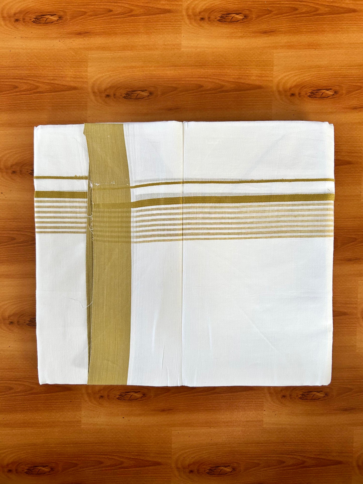Pure White Double Mundu/Dhoti - 20% Discount ! Kaitharikada Balaramapuram 100% Cotton - 100x80 - 1.5 inch Dark Yellow Stripes Kara 3.80 mtr (8 muzham) - 98 KK5452 THI