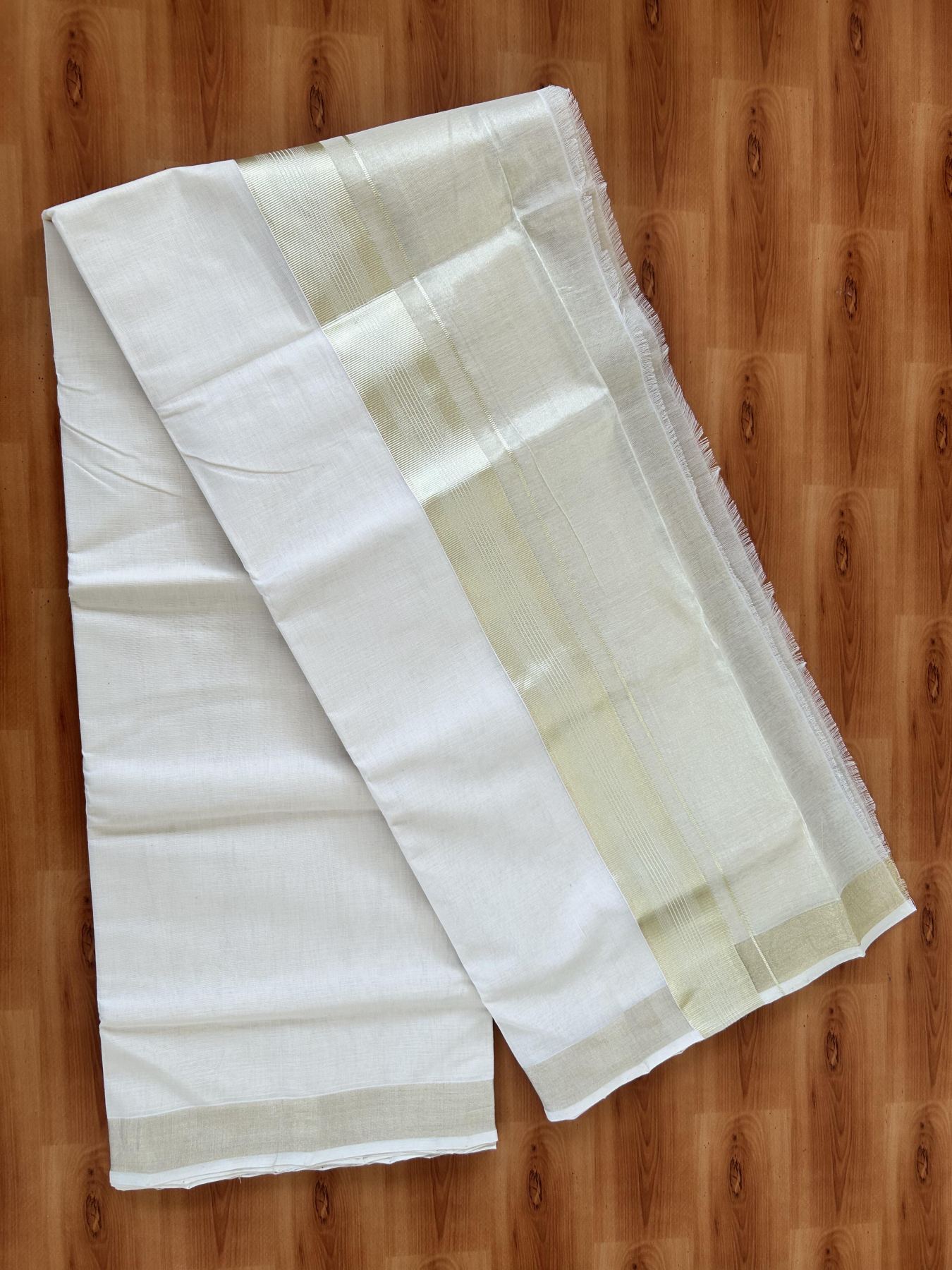 Double Off White - (Unbleached) Mundu/Dhoti - 25% Discount! KaithariKada Handloom Millpaav Kerala Handloom - Pure Cotton - (80X90) - 7 inch Light Gold Kasav Half Tissue Kara 4 mtr (8.5 Muzham) - 2 KK5403 RAM