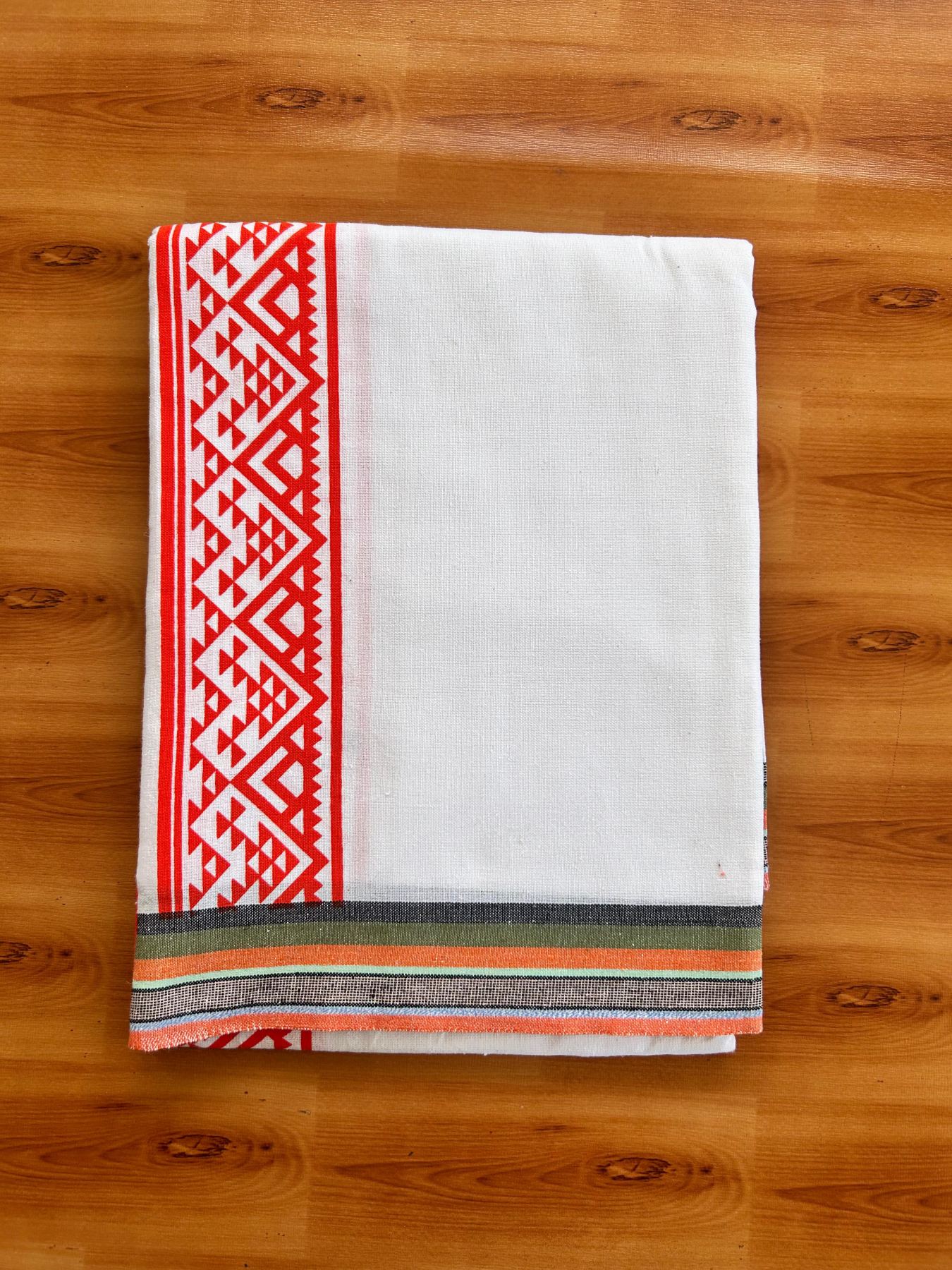 Kaitharikada - Single Kaily / Lungi - Mixed Cotton - 40s twisted - 2.5 inch Orange Printed kara with White colour body (2 meter / 4 muzham) - 21 KK8074 SAT