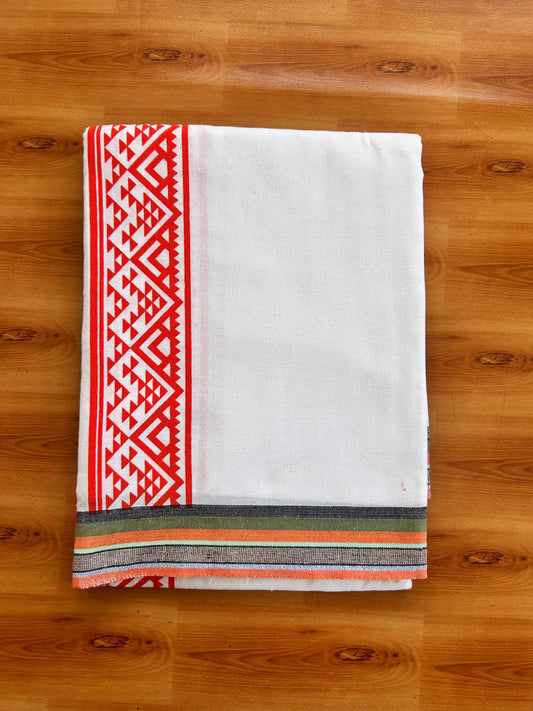 Kaitharikada - Single Kaily / Lungi - Mixed Cotton - 40s twisted - 2.5 inch Orange Printed kara with White colour body (2 meter / 4 muzham) - 21 KK8074 SAT