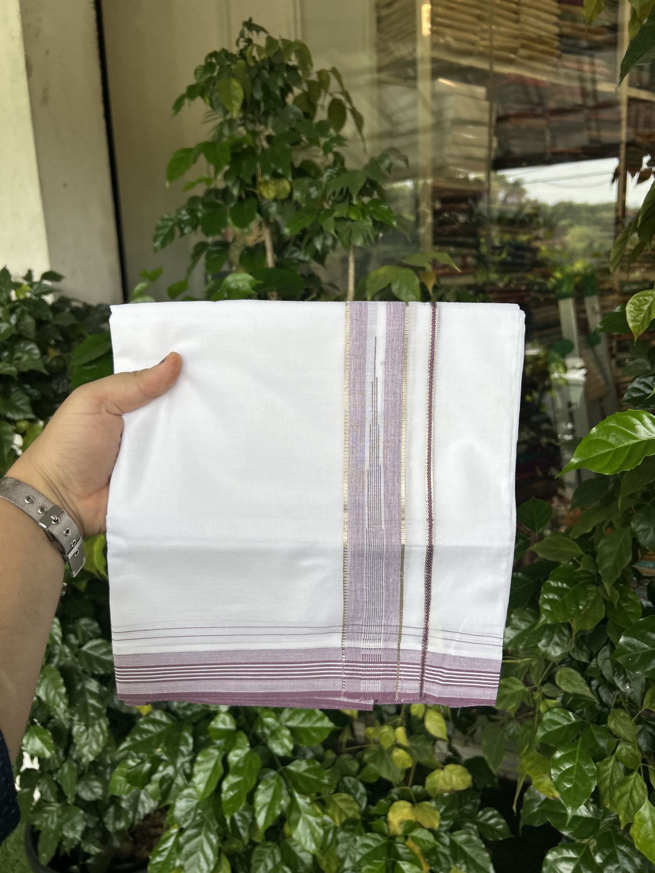 20% Discount! KaithariKada Balaramapuram 100% Cotton Double Pure white Mundu/Dhoti - 100X80 - 1.5 inch Silver Kasav Grape Wine Stripes Chutty kara - 4 mtr ( 8.5 muzham) - 97 KK5341 VIN