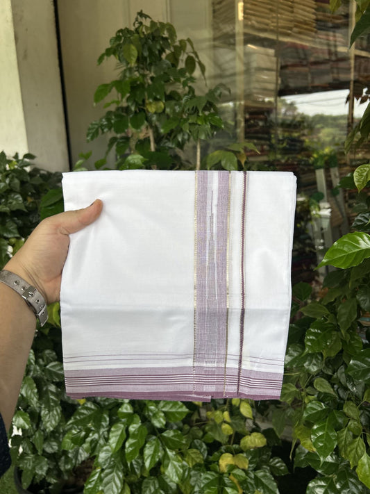 20% Discount! KaithariKada Balaramapuram 100% Cotton Double Pure white Mundu/Dhoti - 100X80 - 1.5 inch Silver Kasav Grape Wine Stripes Chutty kara - 4 mtr ( 8.5 muzham) - 97 KK5341 VIN