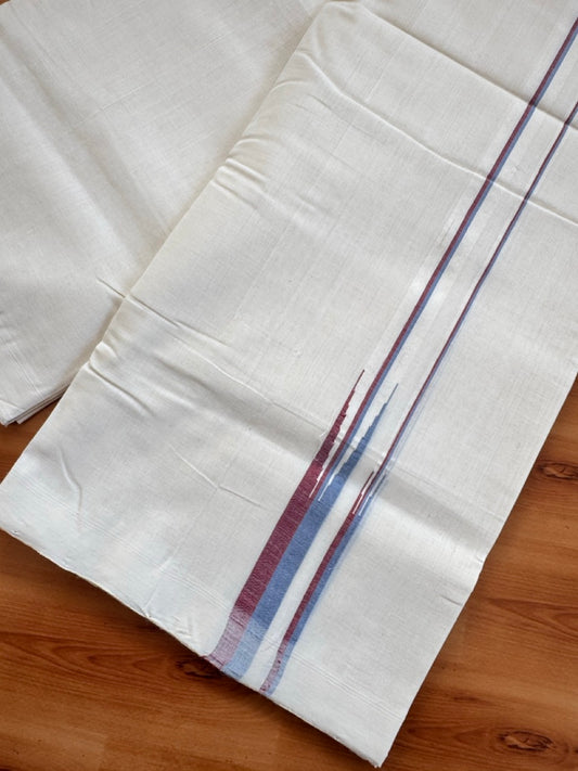 25% Discount!! KaithariKada Handloom Unakkupaav Kerala Handloom - 100% Pure Cotton Off White - (Unbleached) Double Mundu/Dothi - 100X80 - 0.75 inch Puliyilakkara Maroon & Ash Blue Double chutty Kara 4 meter (8.5 Muzham) - 1 KK5473 REA