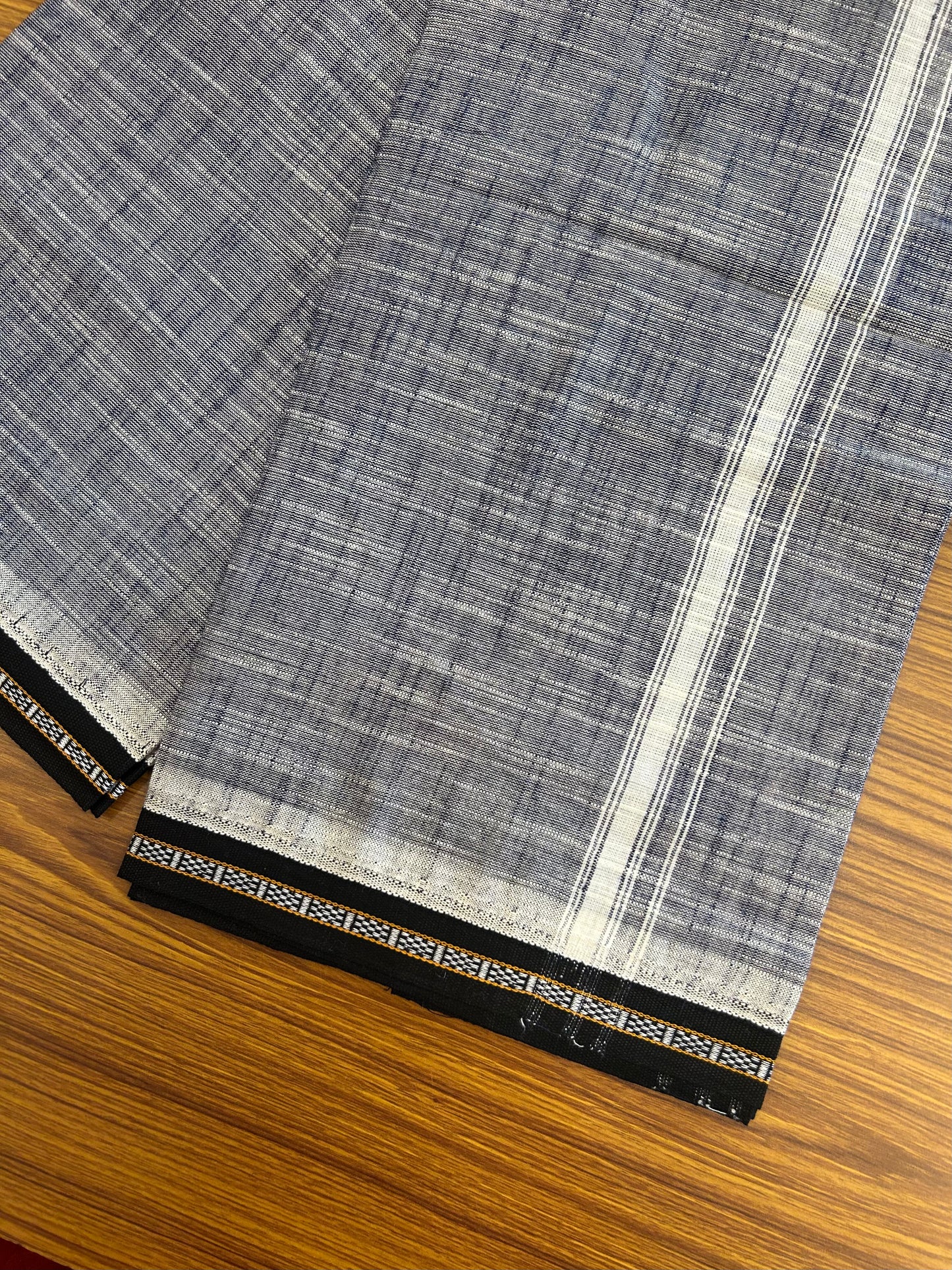 Premium Kathar Type Mund Pure cotton - Kaitharikada - Single Kaily / Lungi - 2 inch White Kara and Black kuppadam Border with Navy Blue White Shaded colour body  (2 meter / 4 muzham)- 52 KK8050 MUT