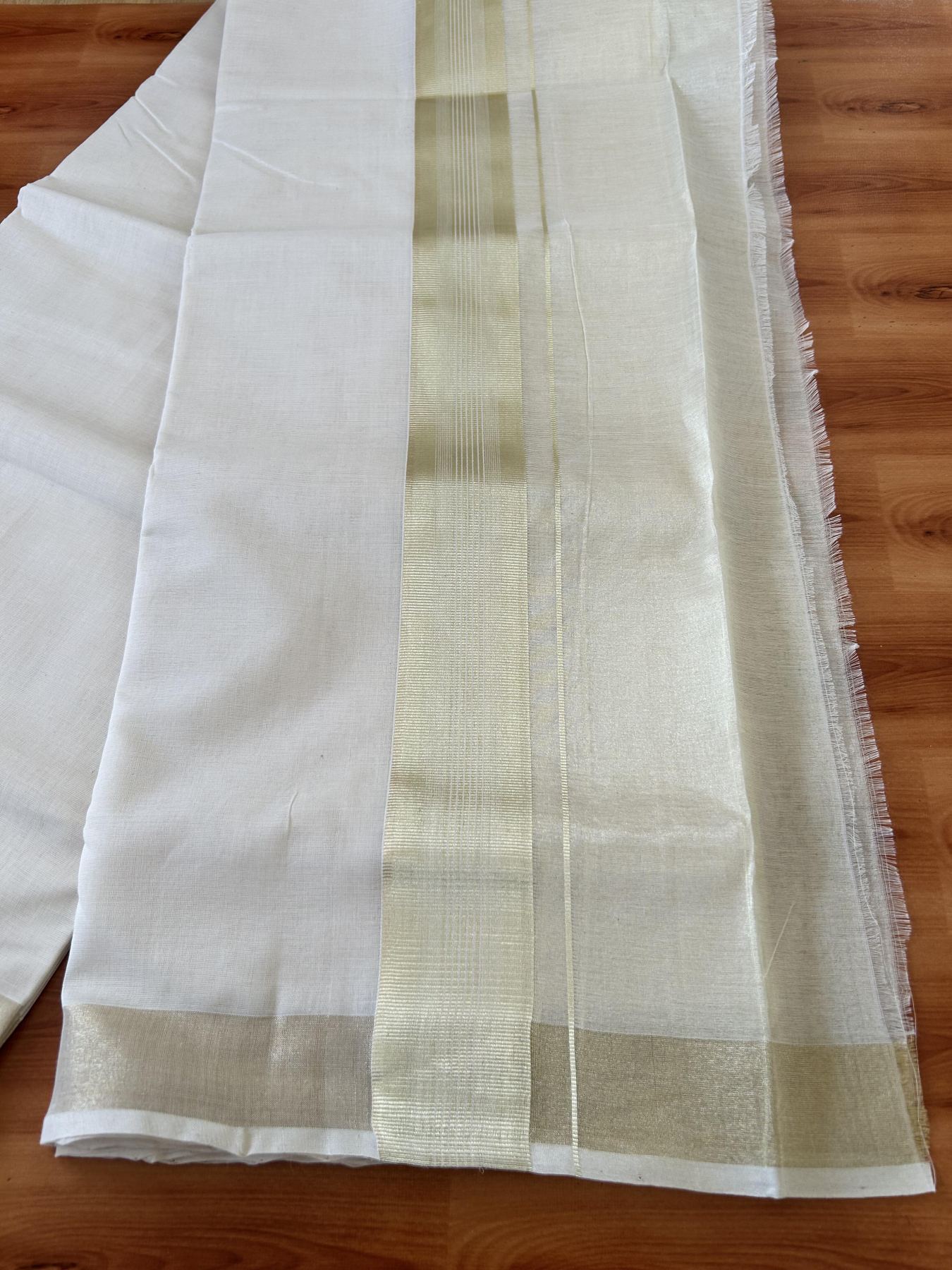 Double Off White - (Unbleached) Mundu/Dhoti - 25% Discount! KaithariKada Handloom Millpaav Kerala Handloom - Pure Cotton - (80X90) - 7 inch Light Gold Kasav Half Tissue Kara 4 mtr (8.5 Muzham) - 2 KK5403 RAM