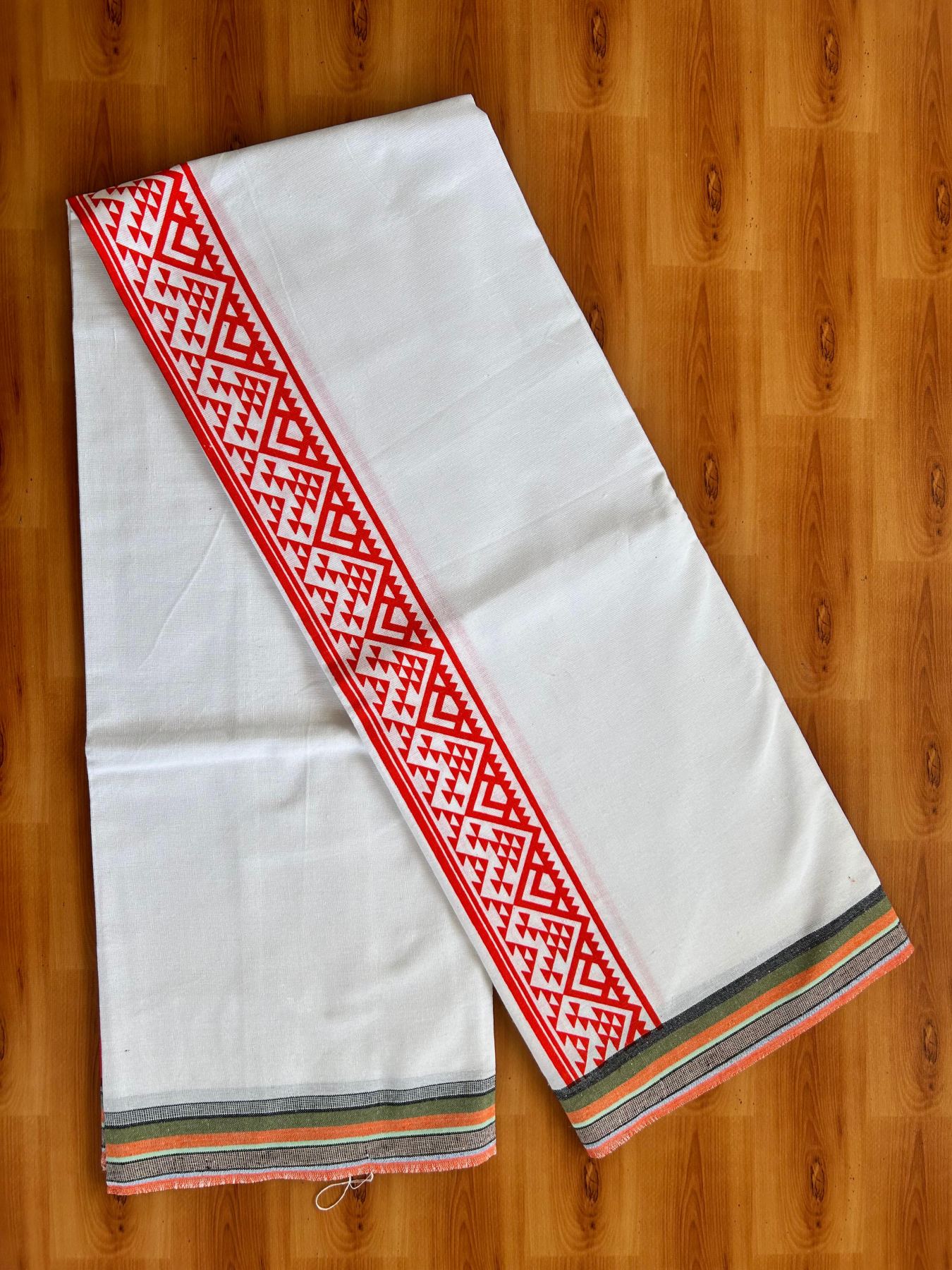 Kaitharikada - Single Kaily / Lungi - Mixed Cotton - 40s twisted - 2.5 inch Orange Printed kara with White colour body (2 meter / 4 muzham) - 21 KK8074 SAT