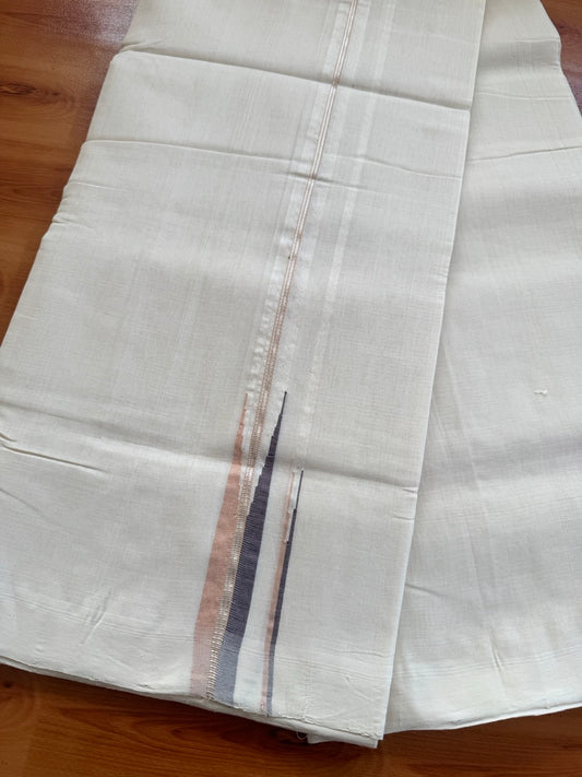 25% Discount!! KaithariKada Handloom Unakkupaav Kerala Handloom 100% Pure Cotton Off White - (Unbleached) Double Mundu/Dothi - 100X80 - 0.75 inch Puliyilakkara Silver Kasav Purple Brown & Light Peach Double chutty Kara 4 meter (8.5 Muzham) - 4 KK5473 REA