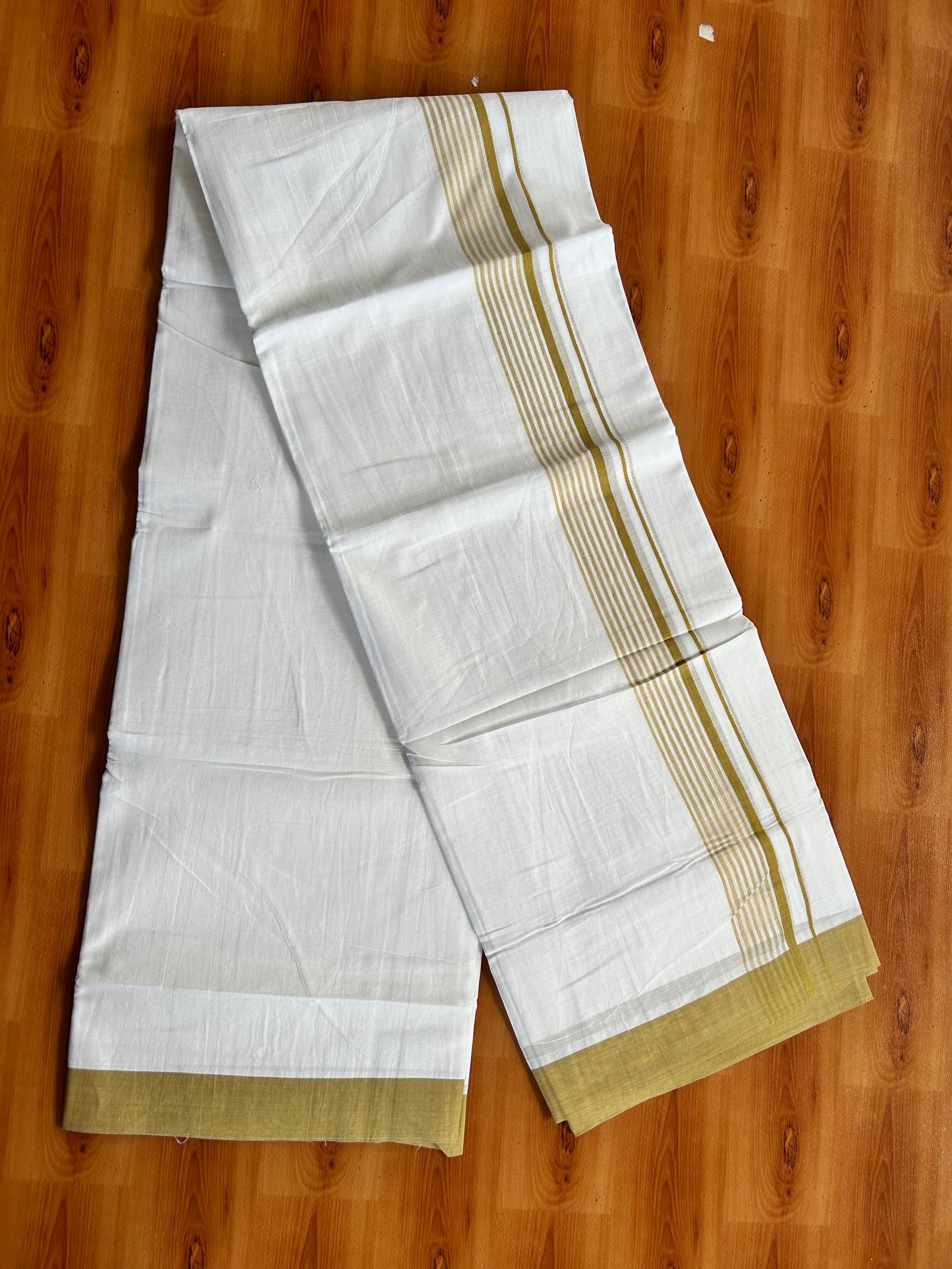 Pure White Double Mundu/Dhoti - 20% Discount ! Kaitharikada Balaramapuram 100% Cotton - 100x80 - 1.5 inch Dark Yellow Stripes Kara 3.80 mtr (8 muzham) - 98 KK5452 THI
