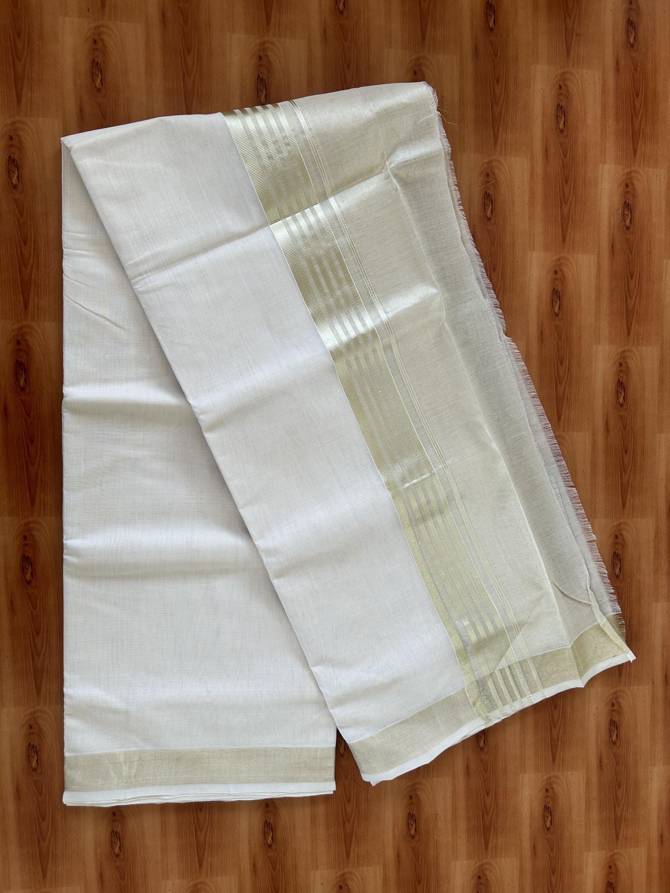 Double Off White - (Unbleached) Mundu/Dhoti - 25% Discount! KaithariKada Handloom Millpaav Kerala Handloom - Pure Cotton - (80X90) - 7 inch Light Gold Kasav Half Tissue Striped Kara 4 mtr (8.5 Muzham) - 3 KK5403 RAM