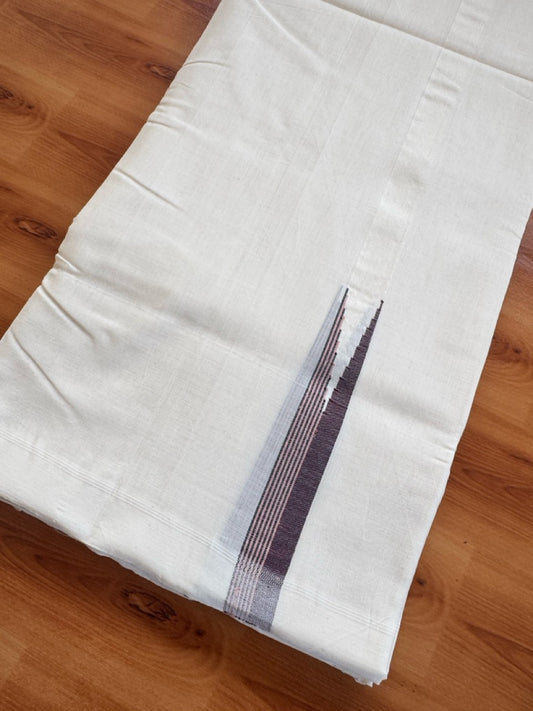 25% Discount!! KaithariKada Handloom Unakkupaav Kerala Handloom 100% Pure Cotton Off White - (Unbleached) Double Mundu/Dothi - 100X80 - 0.75 inch Puliyilakkara Maroon Black & Peach chutty Kara 4 meter (8.5 Muzham) - 8 KK5473 REA