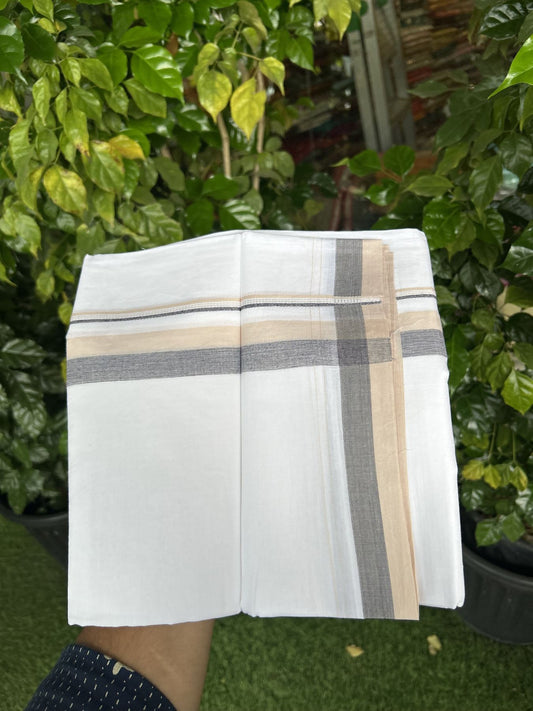 20% Discount! KaithariKada Balaramapuram 100% Cotton Double Pure white Mundu/Dhoti - 100X80 - 1.25 inch Sand Brown & Navy Blue Shaded Stripes kara - 4 mtr ( 8.5 muzham) - 106 KK5341 VIN
