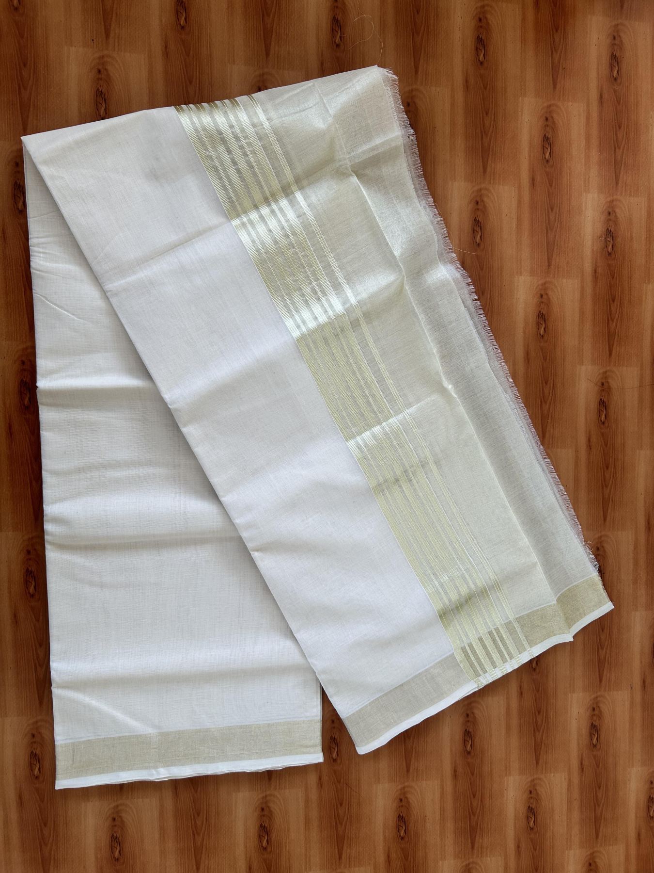 Double Off White - (Unbleached) Mundu/Dhoti - 25% Discount! KaithariKada Handloom Millpaav Kerala Handloom - Pure Cotton - (80X90) - 7 inch Light Gold Kasav Half Tissue Striped Kara 4 mtr (8.5 Muzham) - 4 KK5403 RAM