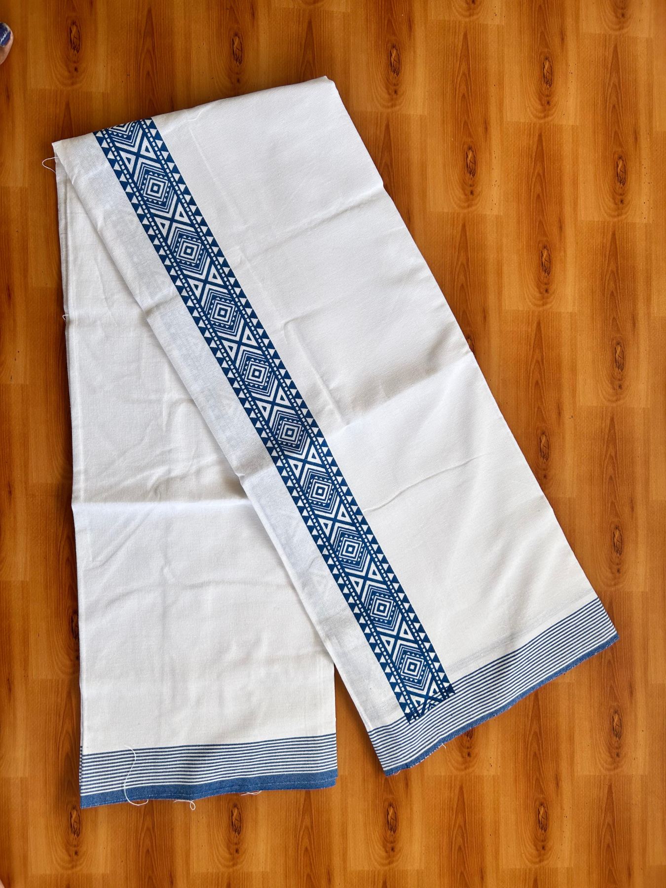 Kaitharikada - Single Kaily / Lungi - Mixed Cotton - 40s twisted - 2.5 inch Royal Blue Printed kara with White colour body (2 meter / 4 muzham) - 10 KK8074 SAT