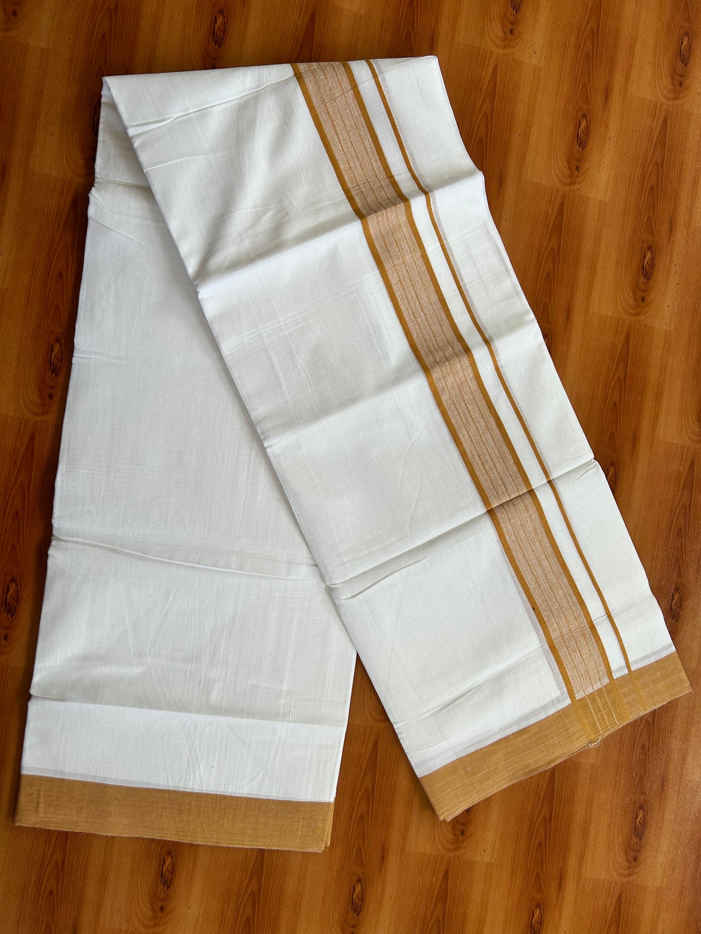 Pure White Double Mundu/Dhoti - 20% Discount ! Kaitharikada Balaramapuram Pure Cotton - 100x80 - 1.25 inch Brownish Orange Shaded Stripes Kara 3.80 mtr (8 muzham) - 110 KK5452 THI