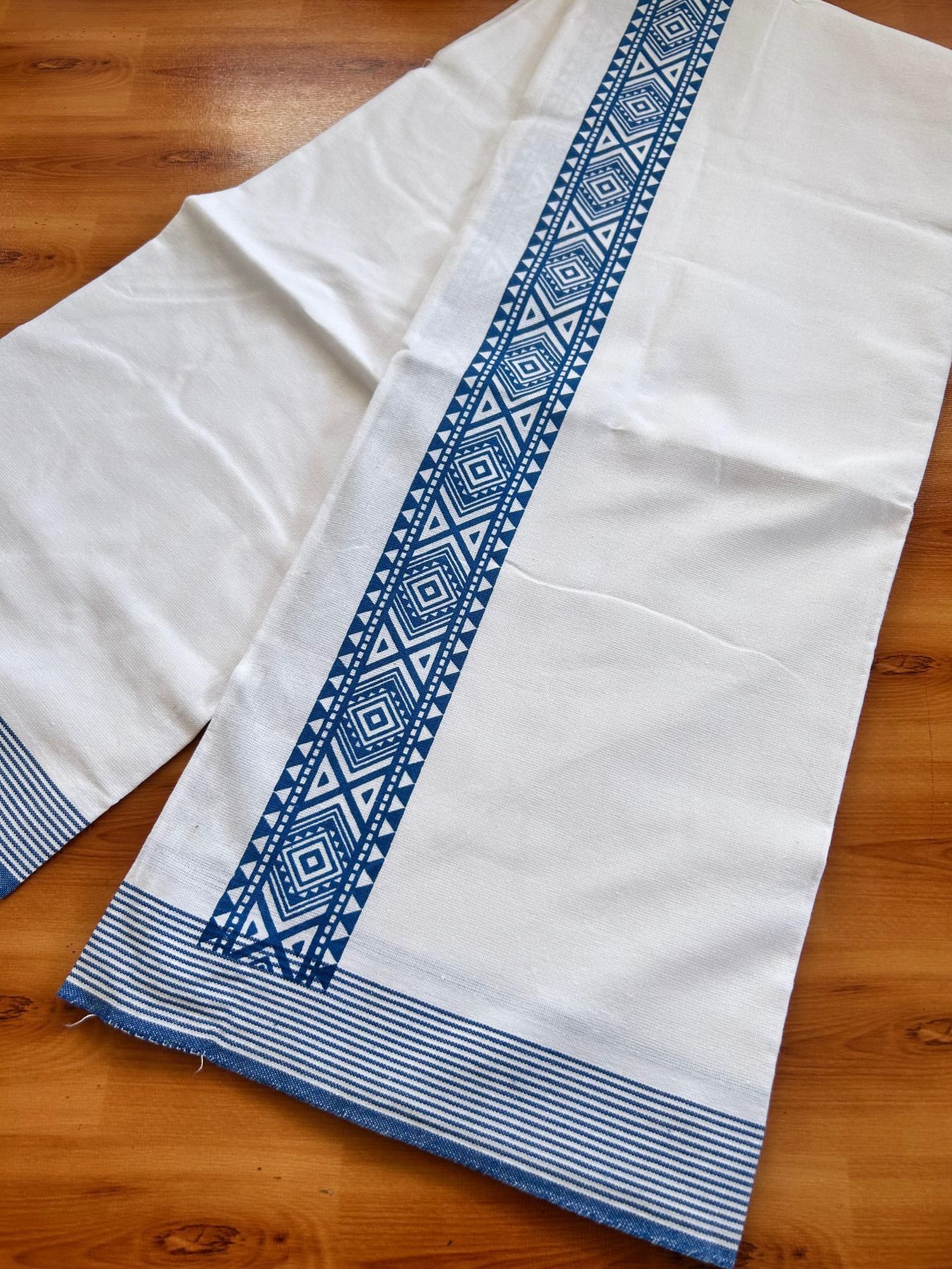 Kaitharikada - Single Kaily / Lungi - Mixed Cotton - 40s twisted - 2.5 inch Royal Blue Printed kara with White colour body (2 meter / 4 muzham) - 10 KK8074 SAT